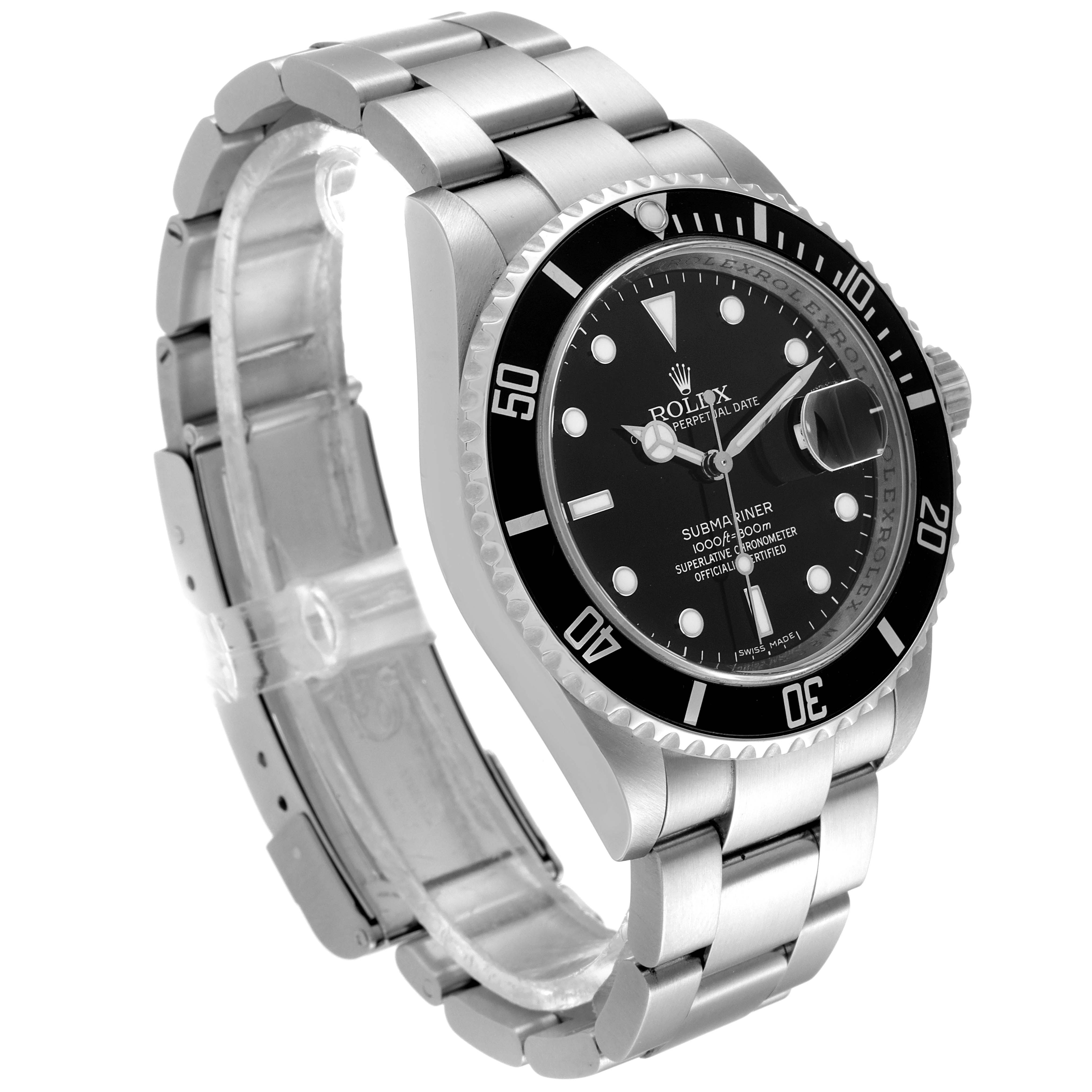 The image showcases a Rolex Submariner 16610 Men
s Stainless Steel Black Dial 16610 Men
s Stainless Steel Black Dial watch from an angle that highlights the bracelet, black bezel, and face.