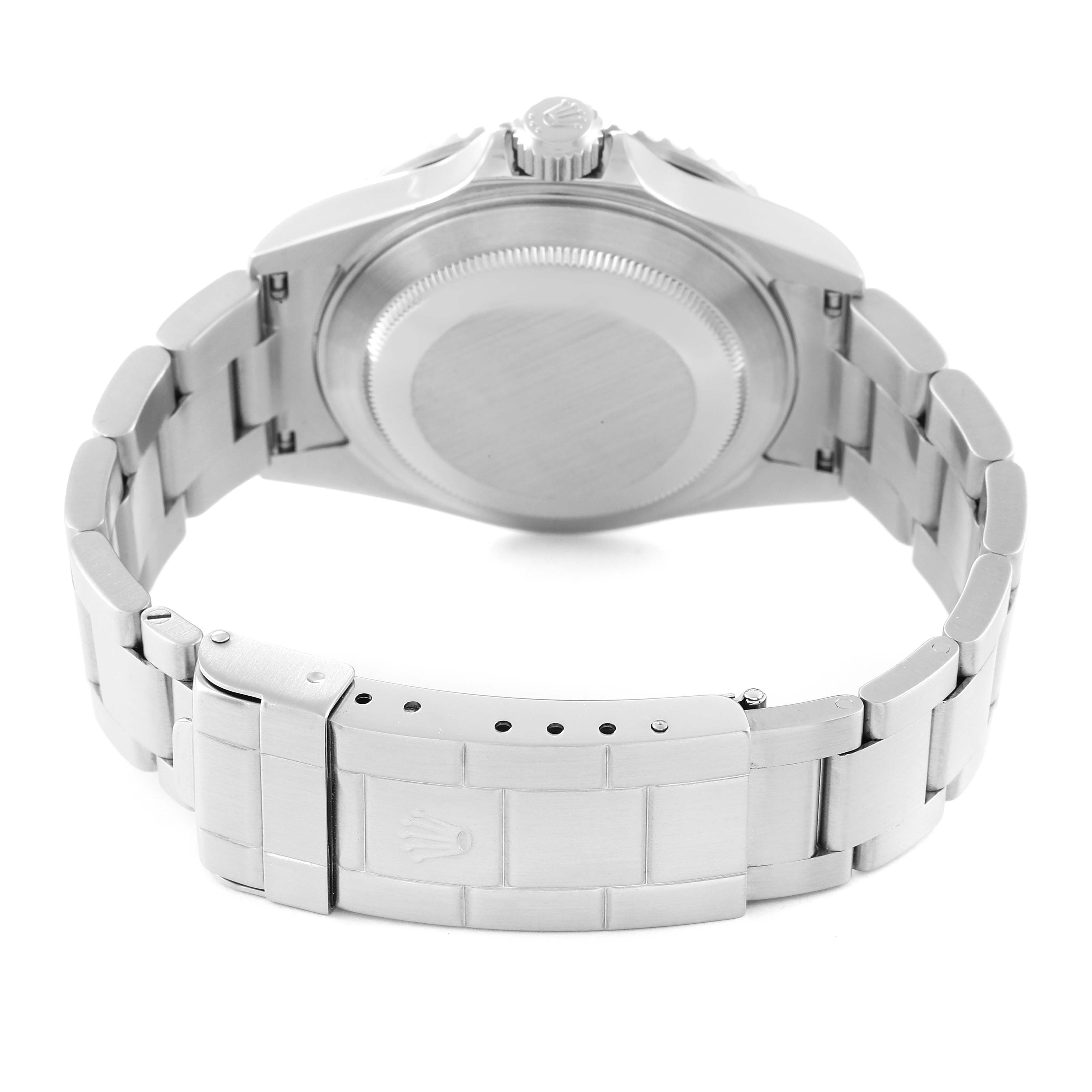 The image shows the back and bracelet of a Rolex Submariner 16610 Men's Stainless Steel Black Dial 16610 Men's Stainless Steel Black Dial, highlighting the clasp and case back.