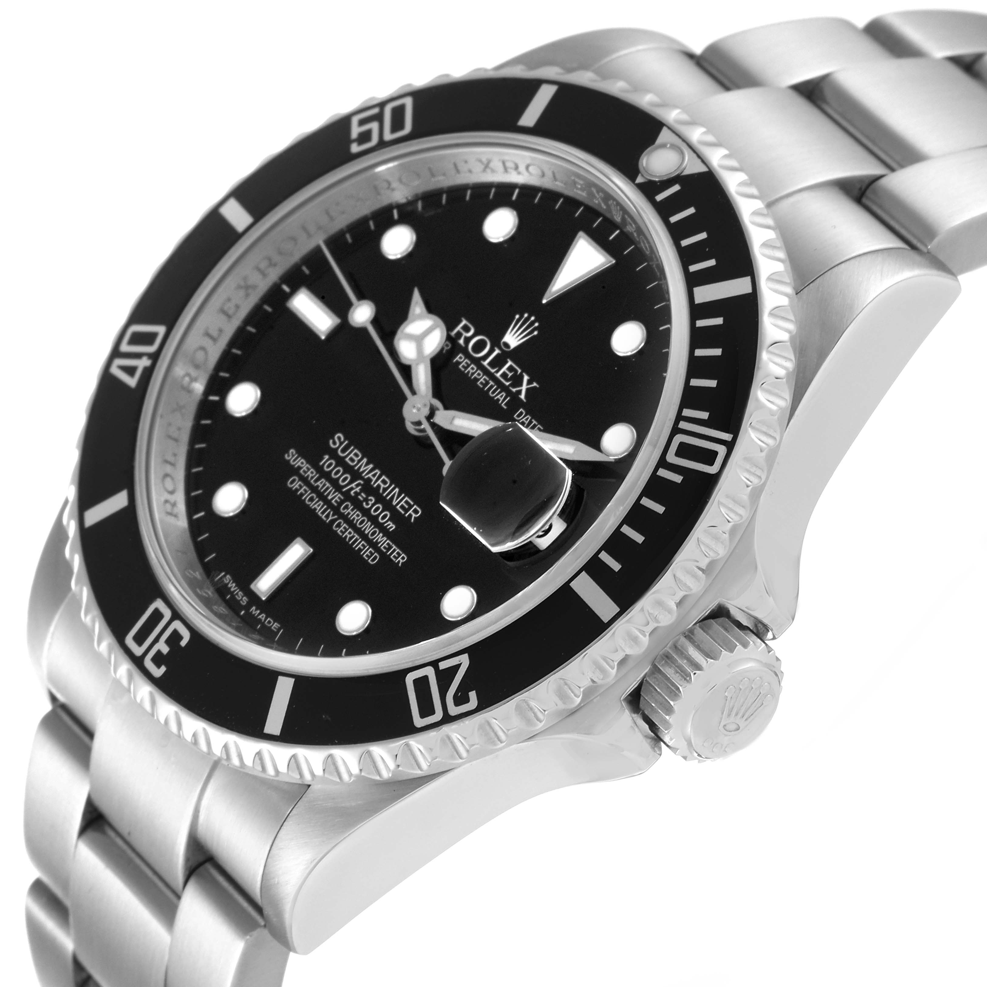 The image shows a side and angled view of a Rolex Submariner 16610 Men's Stainless Steel Black Dial 16610 Men's Stainless Steel Black Dial watch, highlighting the bezel, dial, crown, and bracelet.