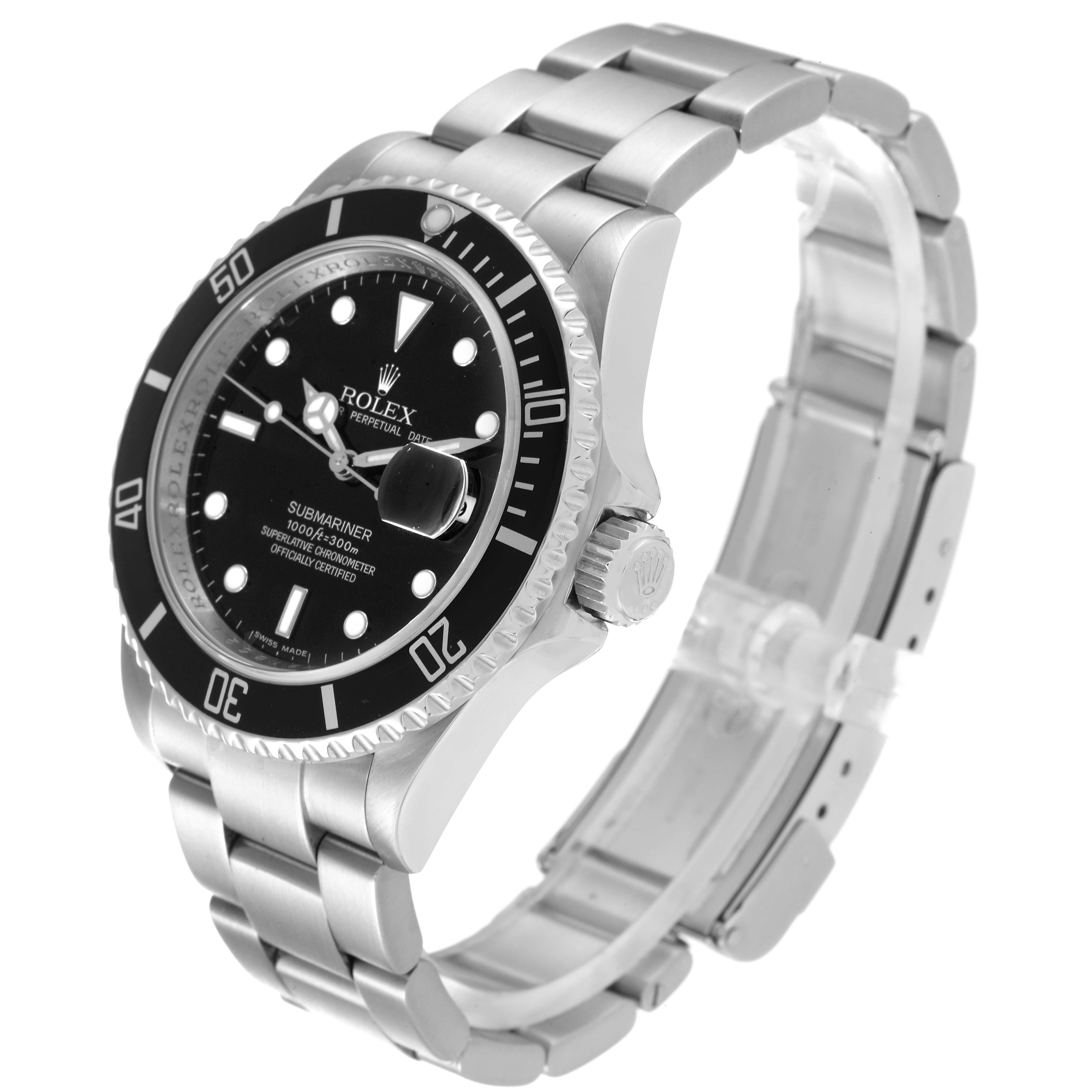 The Rolex Submariner 16610 Men's Stainless Steel Black Dial 16610 Men's Stainless Steel Black Dial is shown at a slight angle from the front, highlighting the bezel, dial, crown, and stainless steel bracelet.
