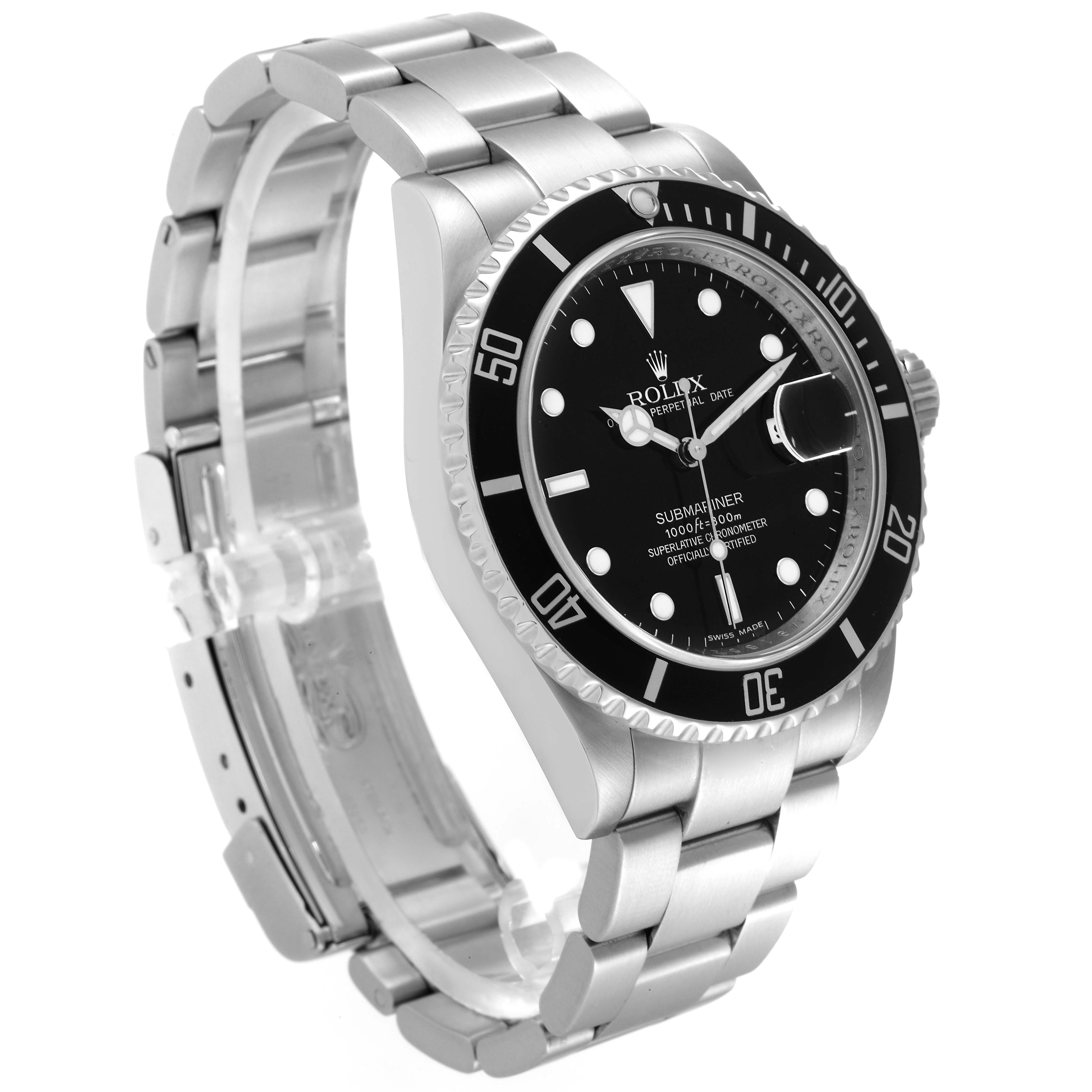 The image shows a side and front angle of the Rolex Submariner 16610 Men's Stainless Steel Black Dial 16610 Men's Stainless Steel Black Dial, highlighting the bezel, crown, and bracelet.