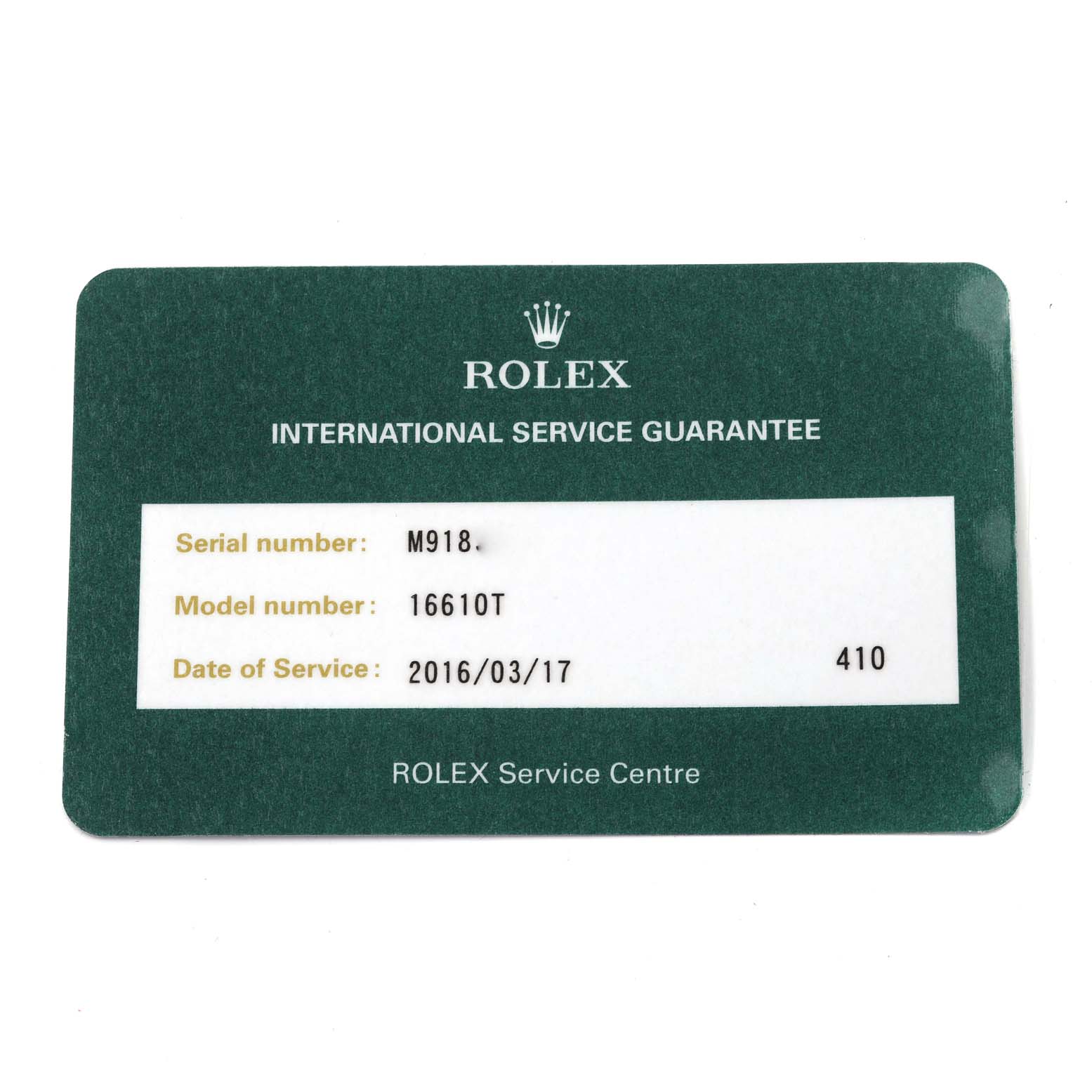 The image shows a Rolex international service guarantee card for the Submariner model 16610T.