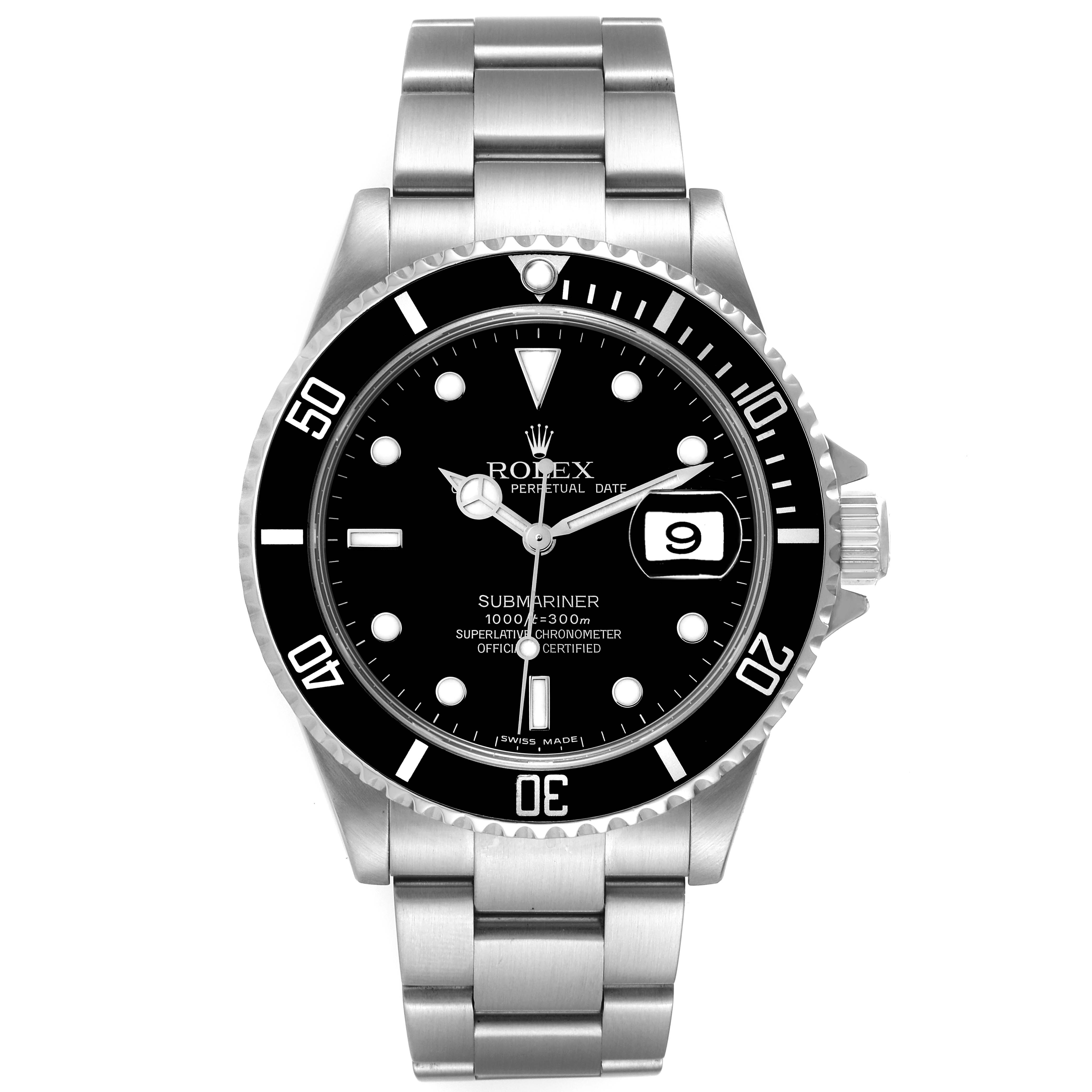 This image shows a front view of a Rolex Submariner 16610 Men's Stainless Steel Black Dial 16610 Men's Stainless Steel Black Dial watch, displaying its face, bezel, and bracelet.