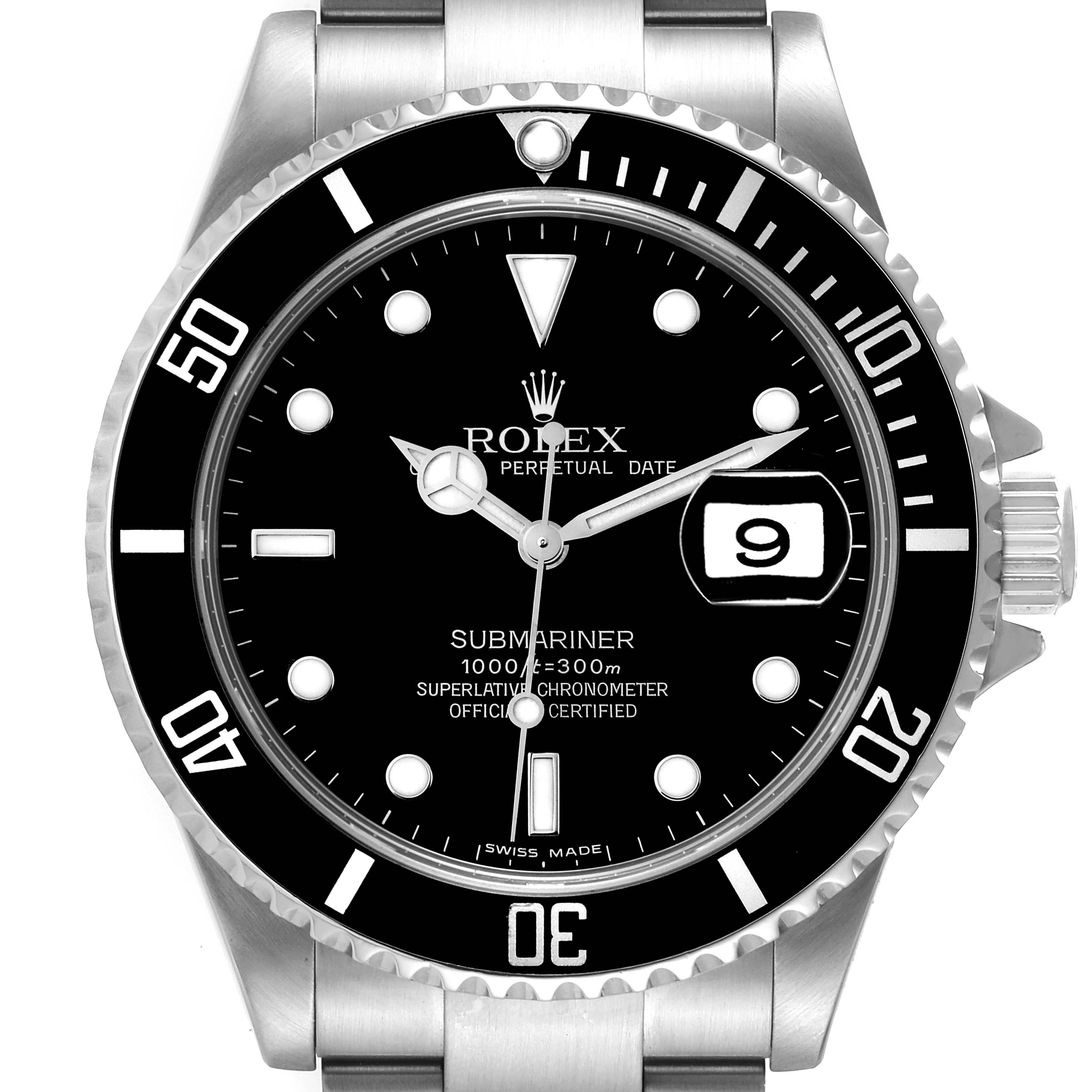 The image shows a front view of the Rolex Submariner 16610 Men's Stainless Steel Black Dial 16610 Men's Stainless Steel Black Dial watch, highlighting the dial, bezel, case, and part of the bracelet.