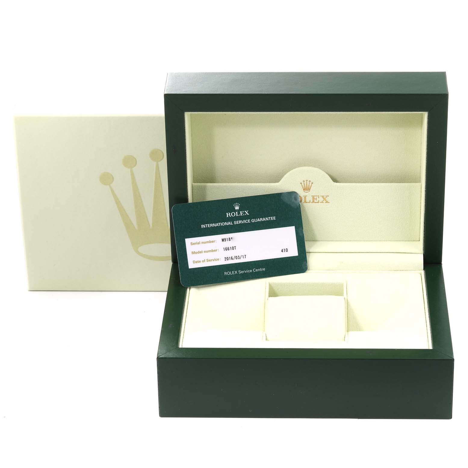 The image shows the open box and service guarantee card for a Rolex Submariner 16610 Men's Stainless Steel Black Dial 16610 Men's Stainless Steel Black Dial watch.
