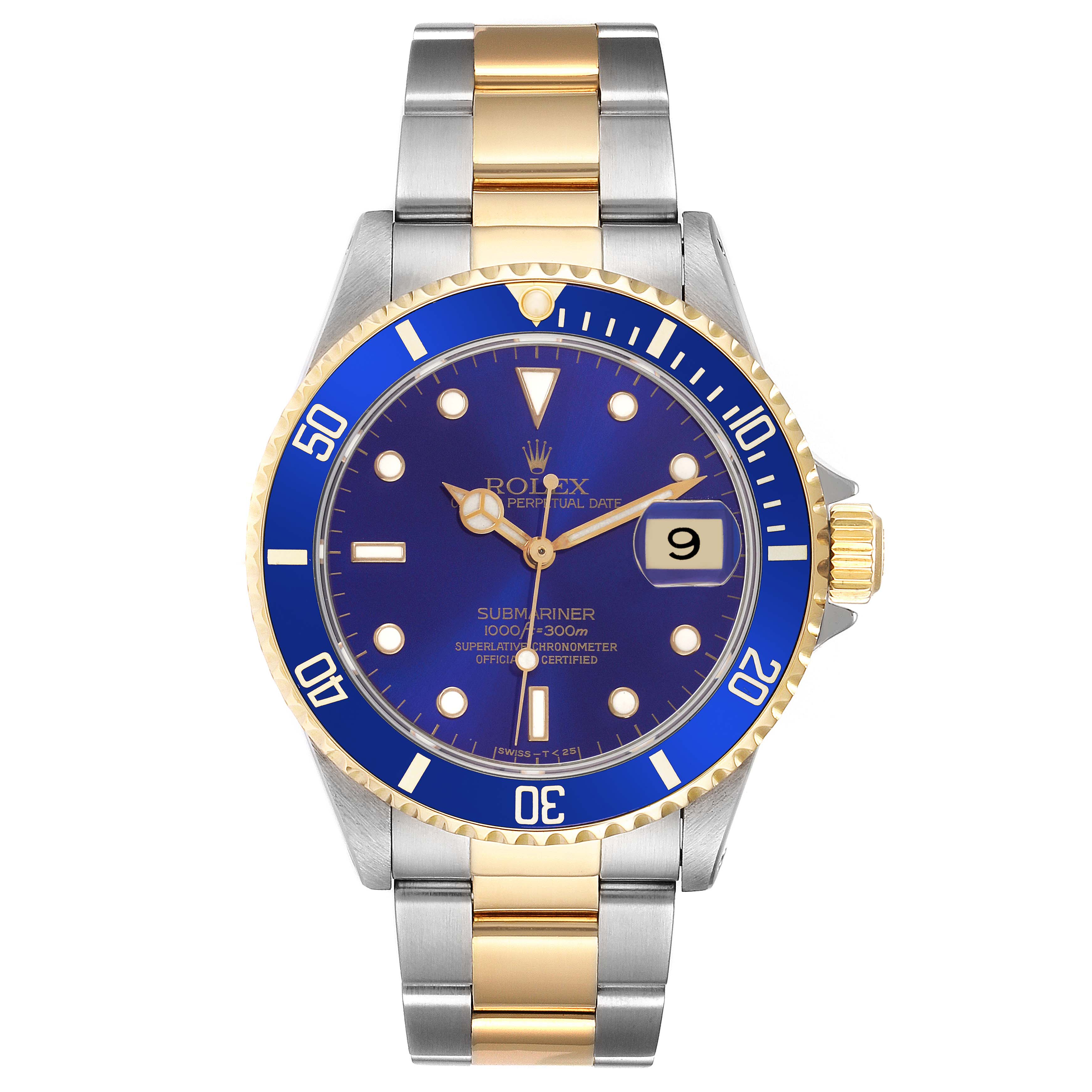 The image shows a frontal view of a Rolex Submariner 16613 Men's Steel and Gold (two tone) Blue Dial 16613 Men's Steel and Gold (two tone) Blue Dial, highlighting the blue bezel, dial, and two-tone bracelet.
