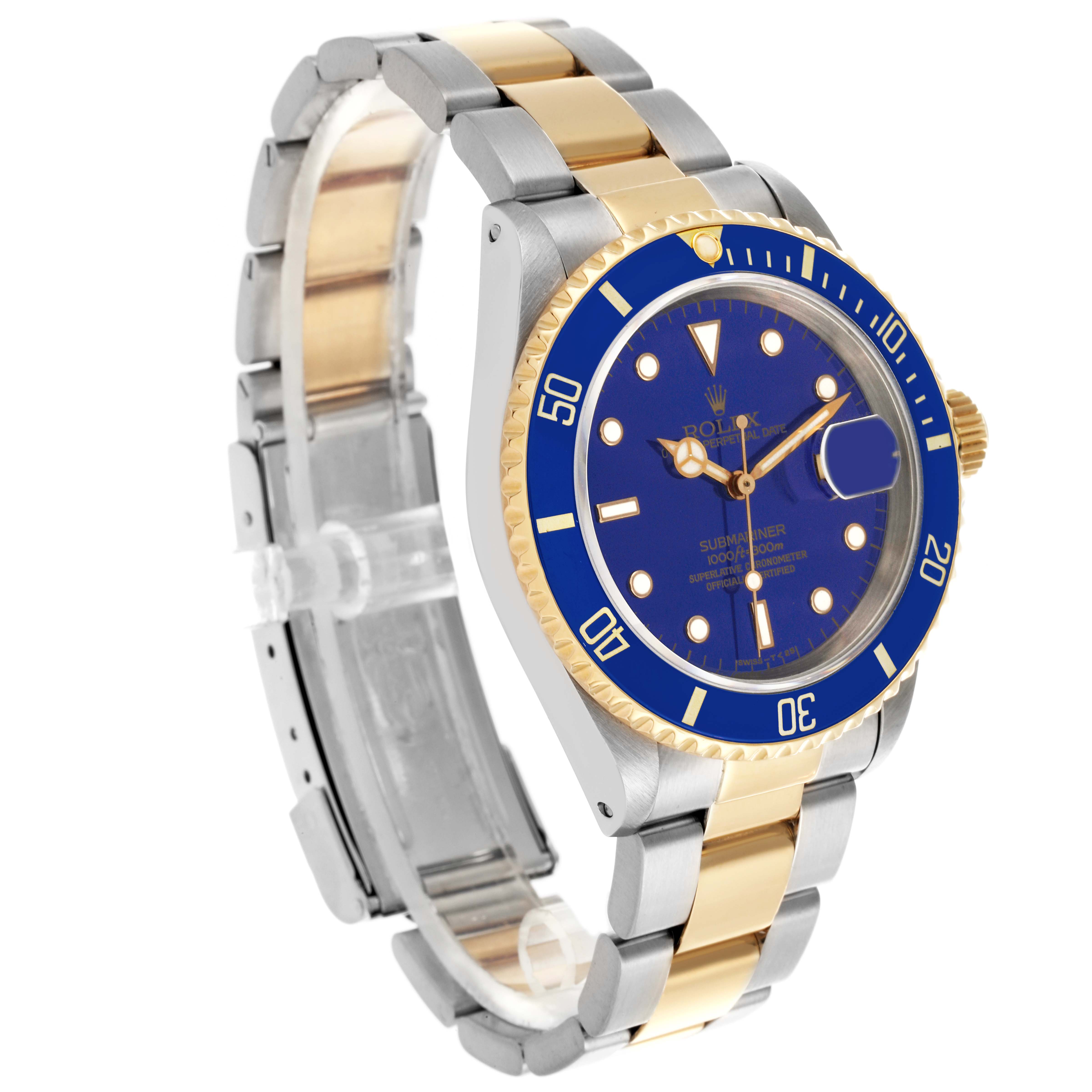 The Rolex Submariner 16613 Men's Steel and Gold (two tone) Blue Dial 16613 Men's Steel and Gold (two tone) Blue Dial is shown at a three-quarter angle, highlighting the blue dial, bezel, and two-tone bracelet.