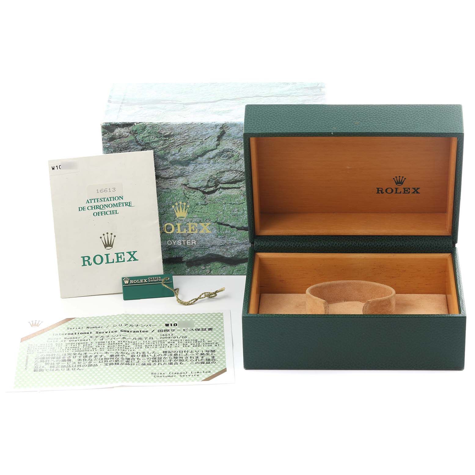 The image shows a Rolex Submariner 16613 Men's Steel and Gold (two tone) Blue Dial 16613 Men's Steel and Gold (two tone) Blue Dial watch box, manual, warranty card, and tags.