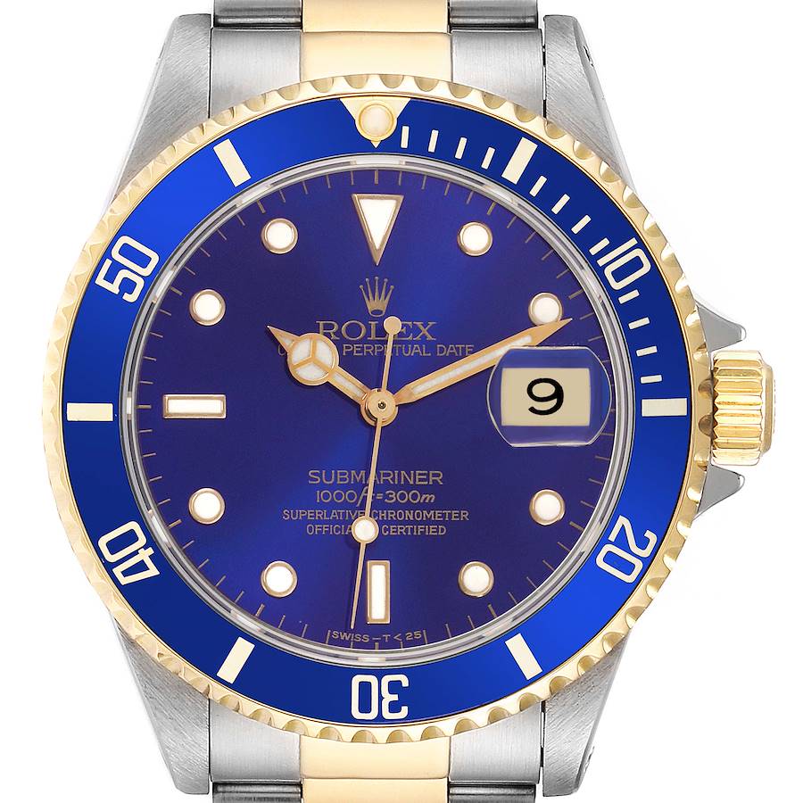 The Rolex Submariner watch is shown from a front angle, highlighting the blue dial, bezel, and two-tone bracelet.