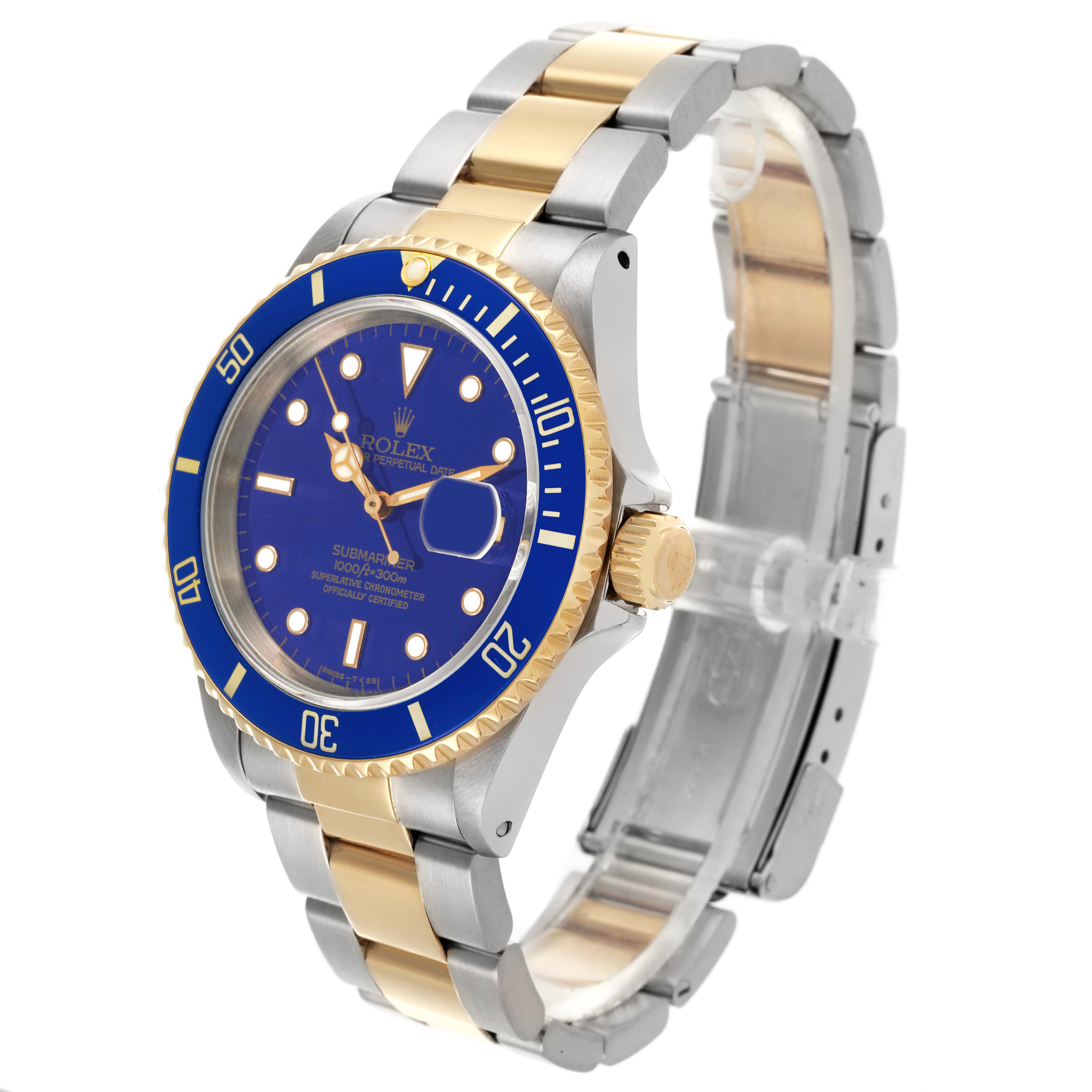 The Rolex Submariner 16613 Men's Steel and Gold (two tone) Blue Dial 16613 Men's Steel and Gold (two tone) Blue Dial watch is shown at a three-quarter angle, displaying the face, bezel, bracelet, and crown.