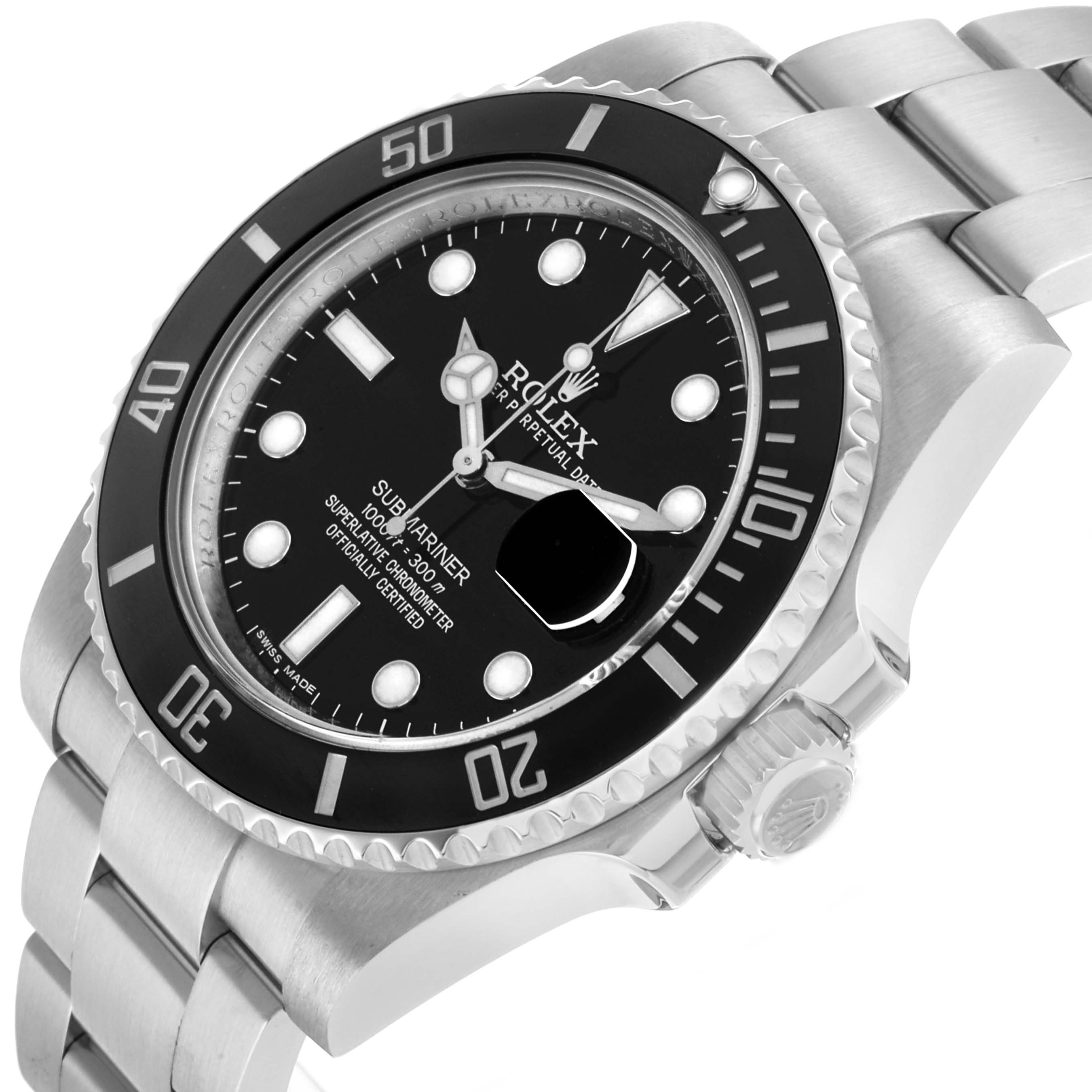 The Rolex Submariner 116610LN Men's Stainless Steel Black Dial watch is shown at an angle highlighting the dial, bezel, bracelet, and crown.