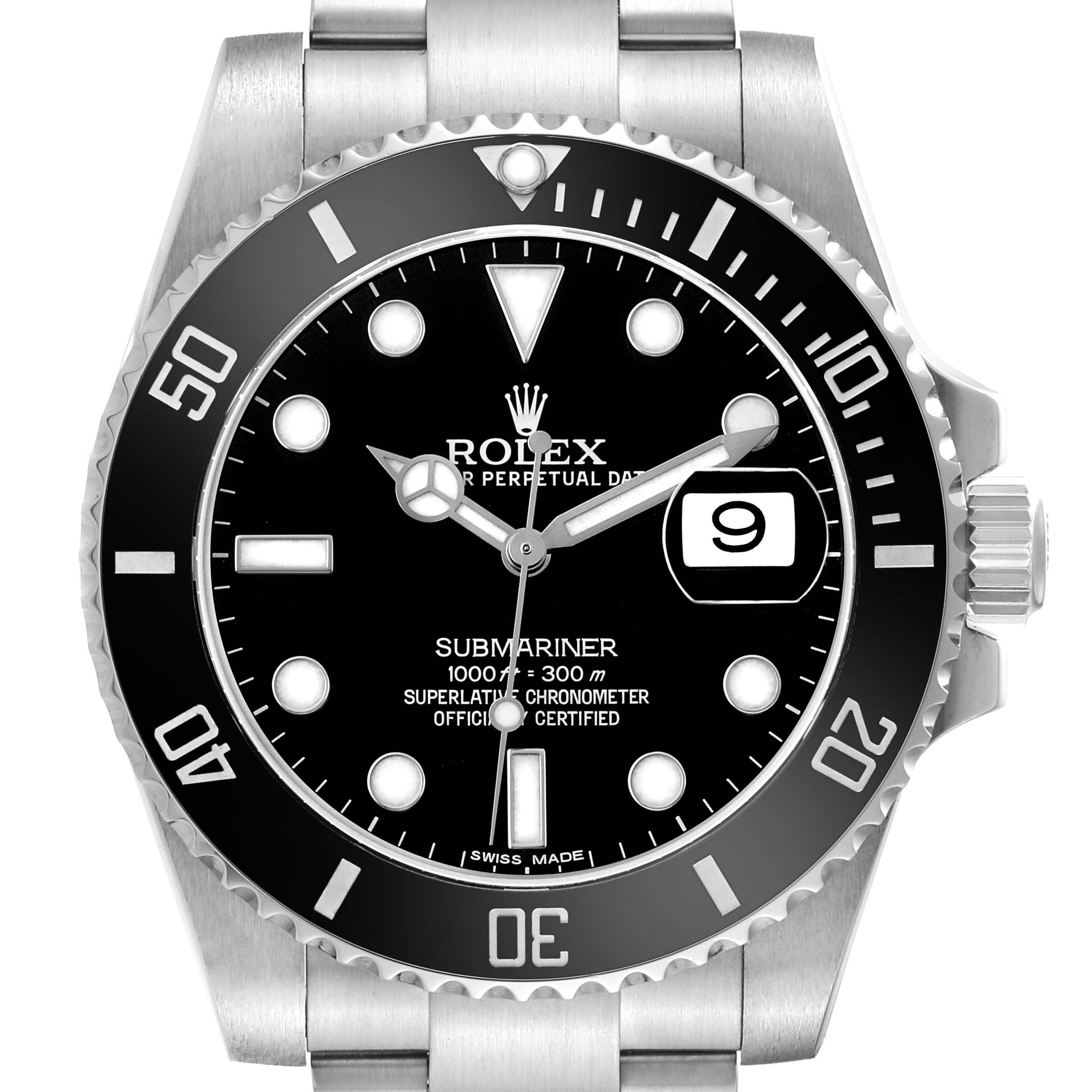 The Rolex Submariner 116610LN Men's Stainless Steel Black Dial watch is shown from the front, displaying the dial, bezel, crown, and part of the bracelet.