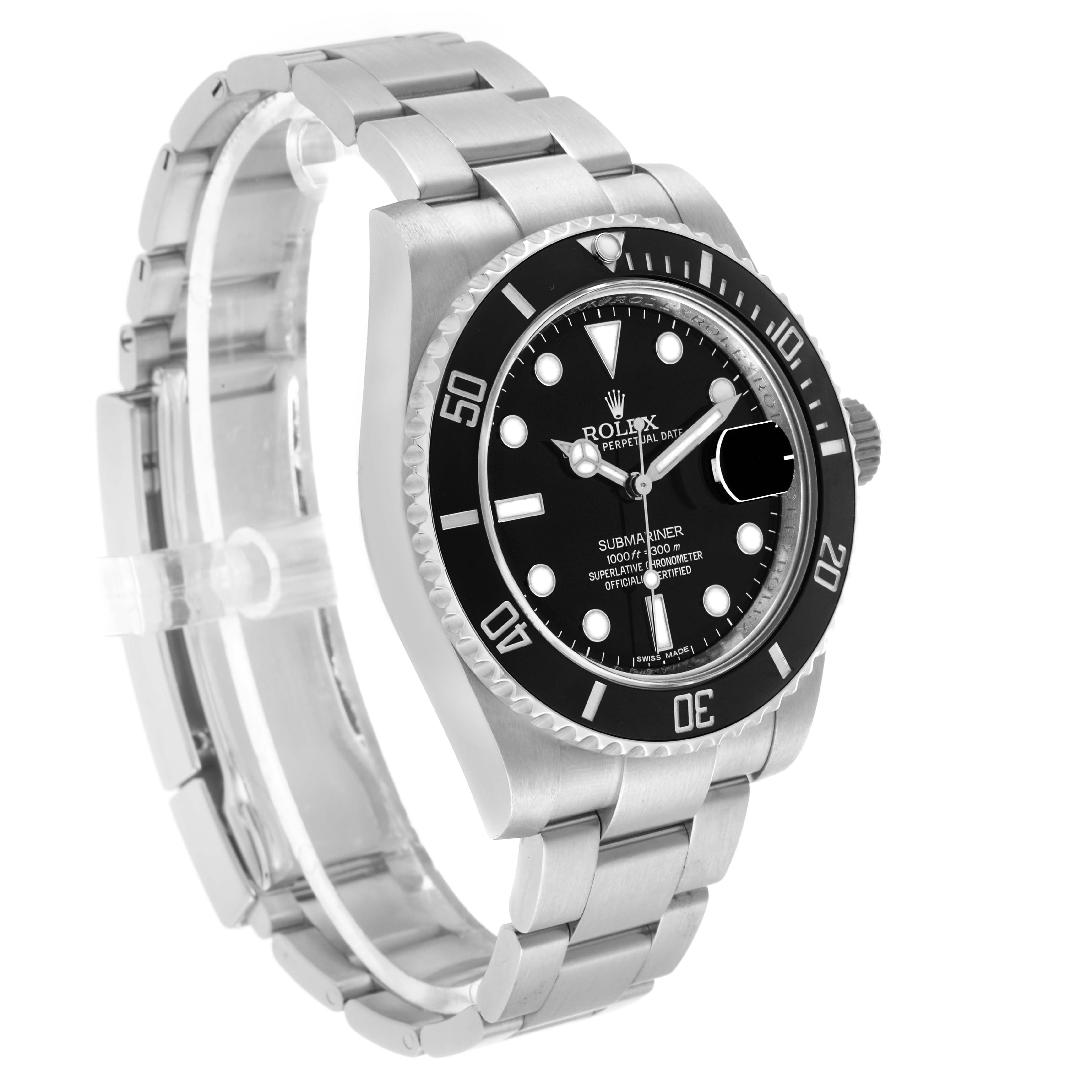 The Rolex Submariner 116610LN Men's Stainless Steel Black Dial watch is shown at a three-quarter angle, displaying its face, bezel, case, and bracelet.