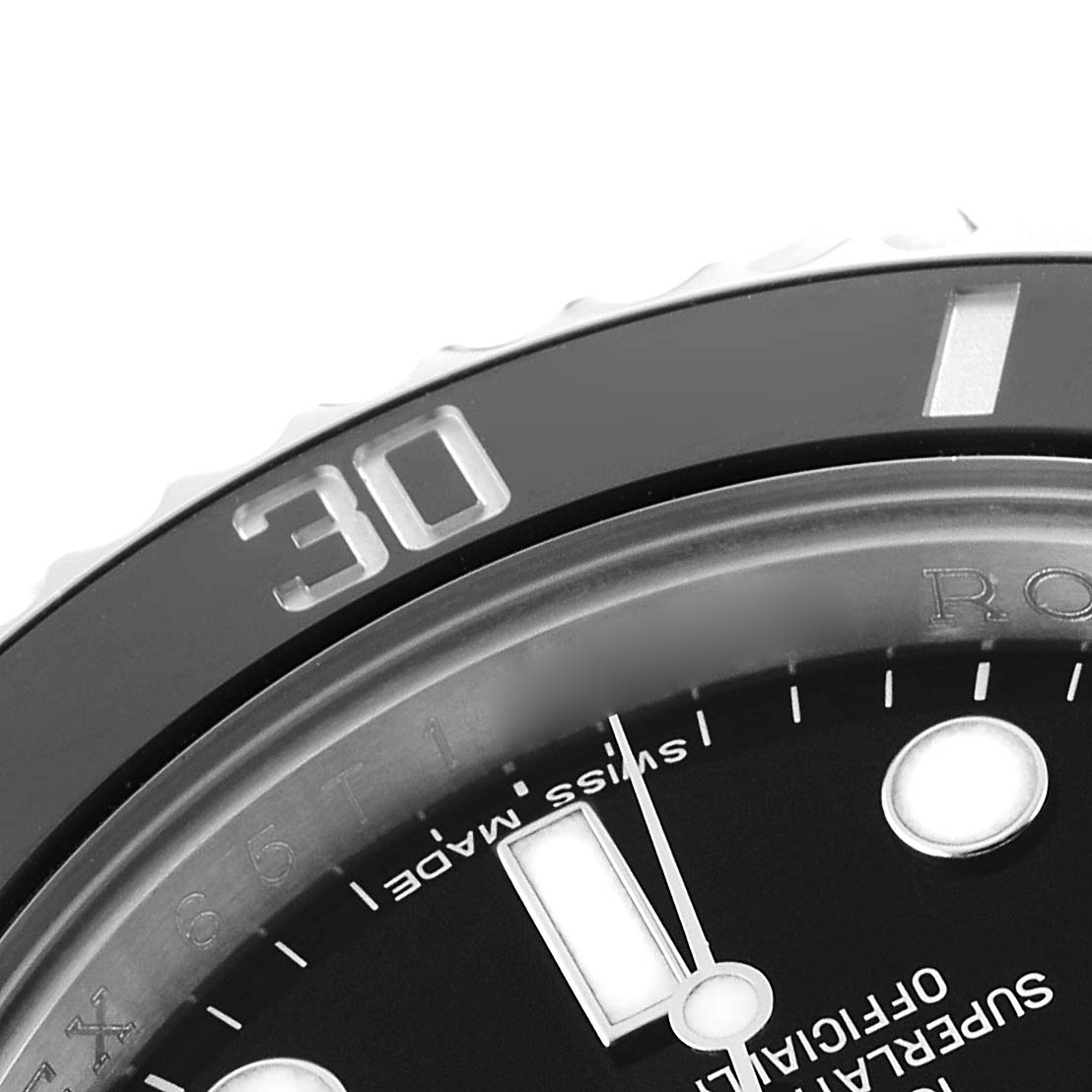 The image shows a close-up of the bezel and dial of the Rolex Submariner 116610LN Men's Stainless Steel Black Dial watch at an oblique angle.