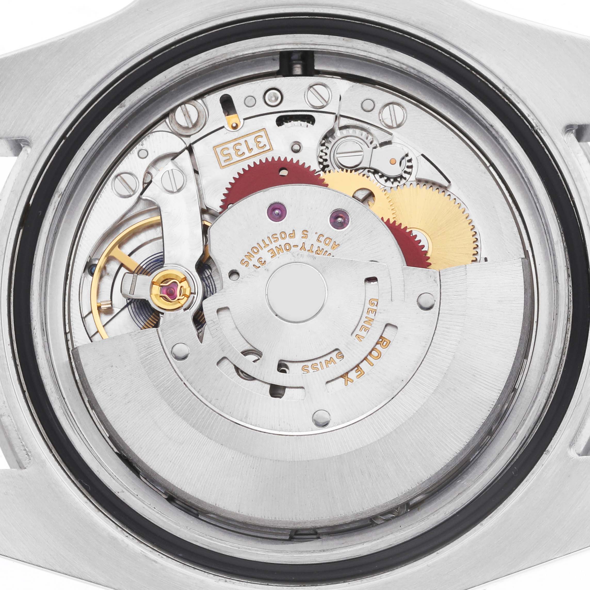 The image shows the movement from a back view of a Rolex Submariner 116610LN Men's Stainless Steel Black Dial, displaying gears and mechanisms.