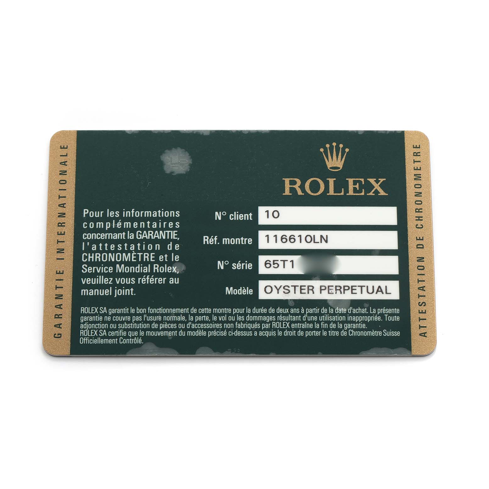 The image displays a warranty card for a Rolex Submariner 116610LN Men's Stainless Steel Black Dial, featuring details like the model number and series.