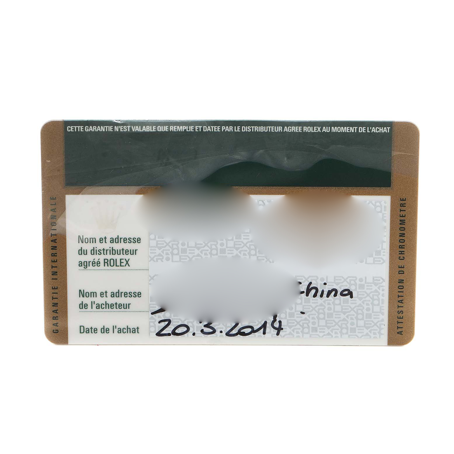 The image shows a warranty card for a Rolex Submariner 116610LN Men's Stainless Steel Black Dial watch, displaying purchase details.