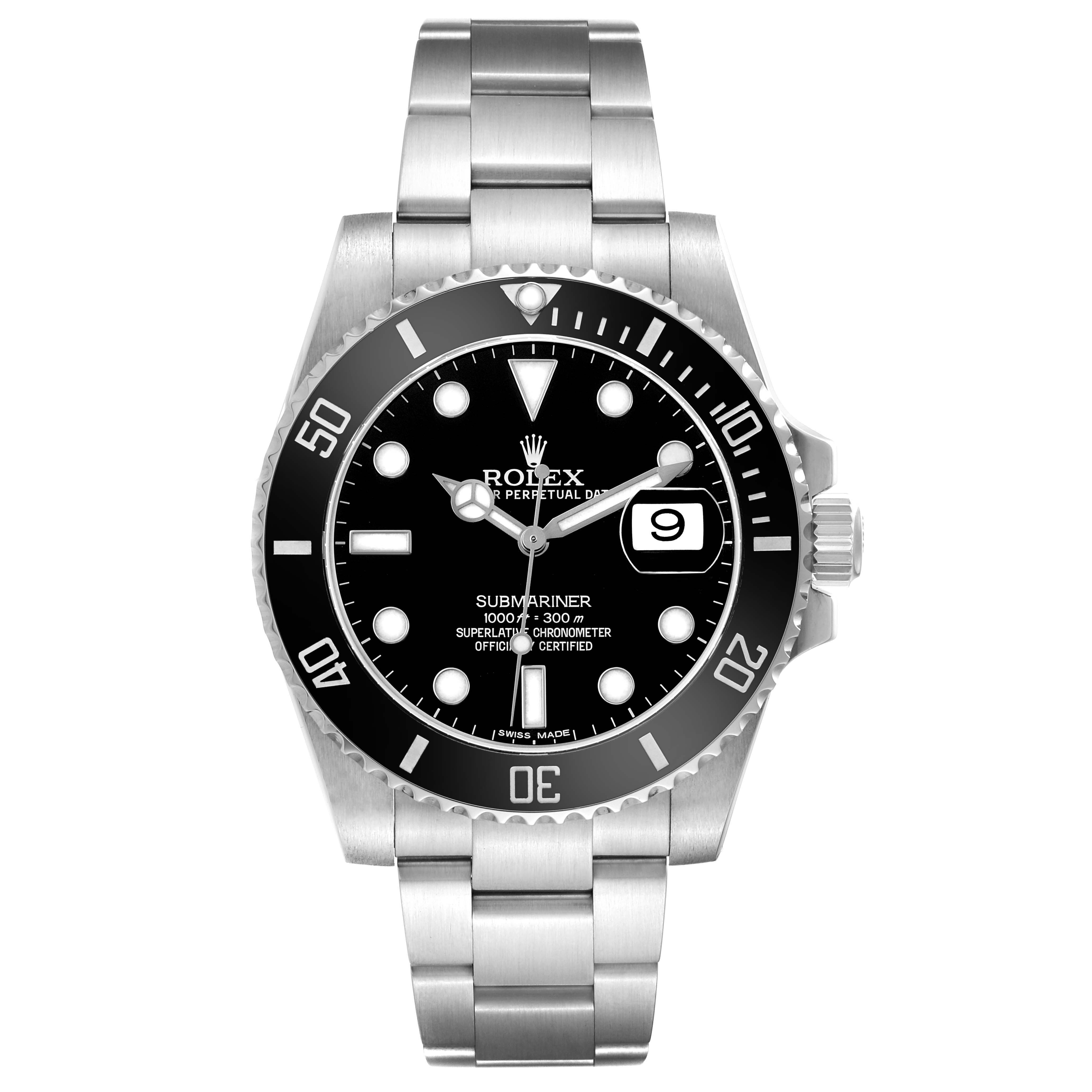 The Rolex Submariner 116610LN Men's Stainless Steel Black Dial watch is shown from the front, displaying its dial, bezel, bracelet, and date window.