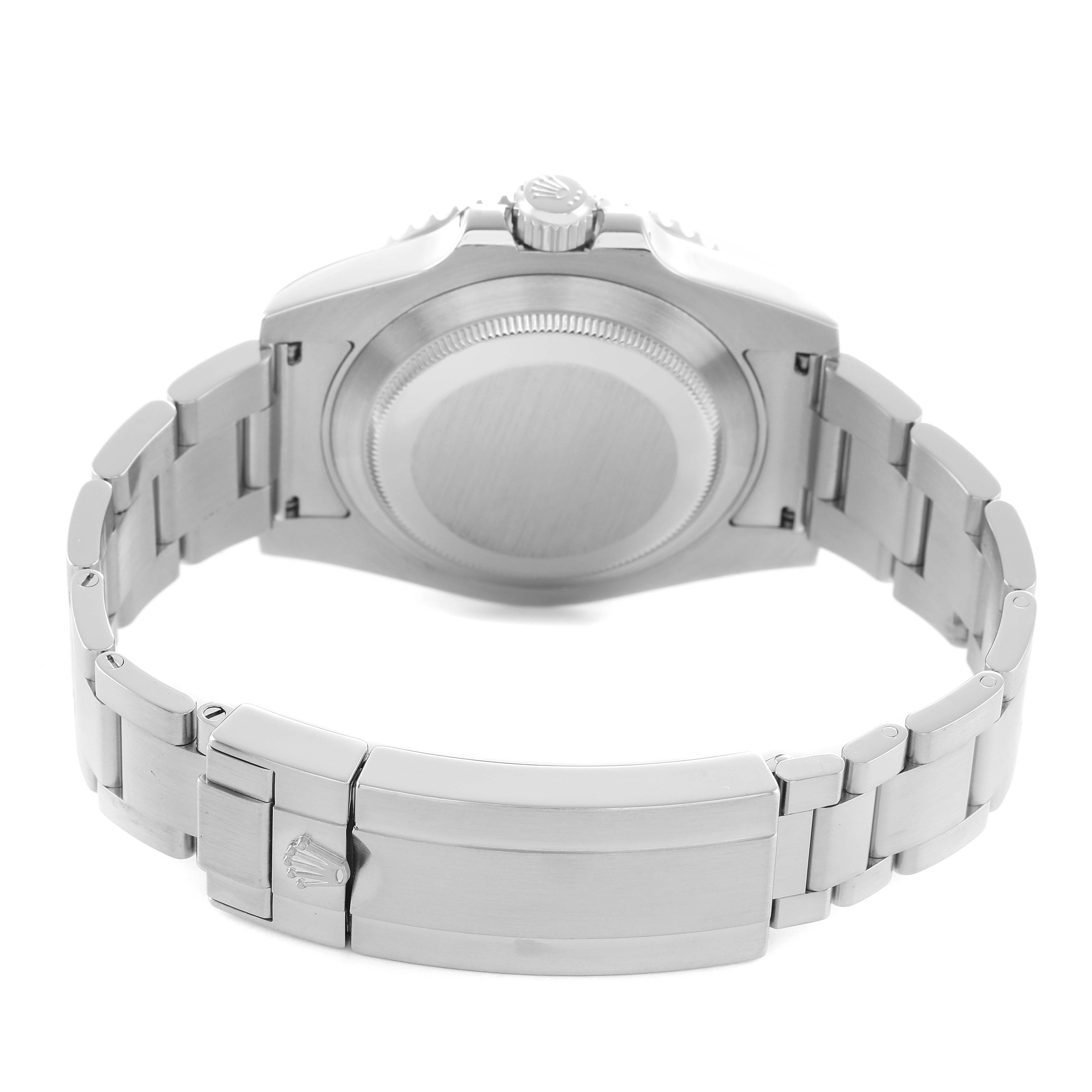 The image shows the back view of a Rolex Submariner 116610LN Men's Stainless Steel Black Dial, highlighting the case back, crown, and bracelet clasp.