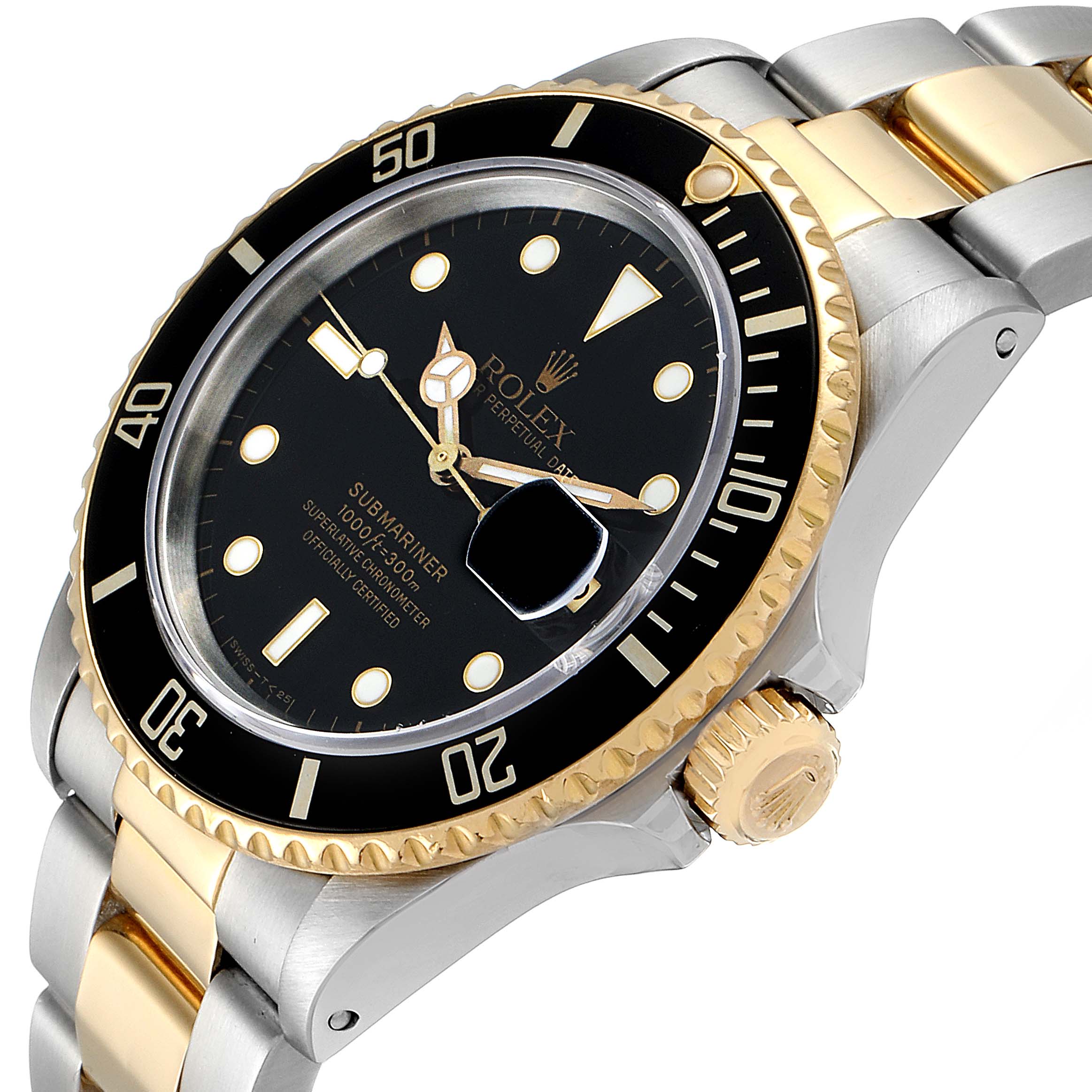 The image shows a close-up angle of a Rolex Submariner 16803 Men's Steel and Gold (two tone) Black Dial 16803 Men's Steel and Gold (two tone) Black Dial watch, highlighting its black dial, gold bezel, and two-tone bracelet.