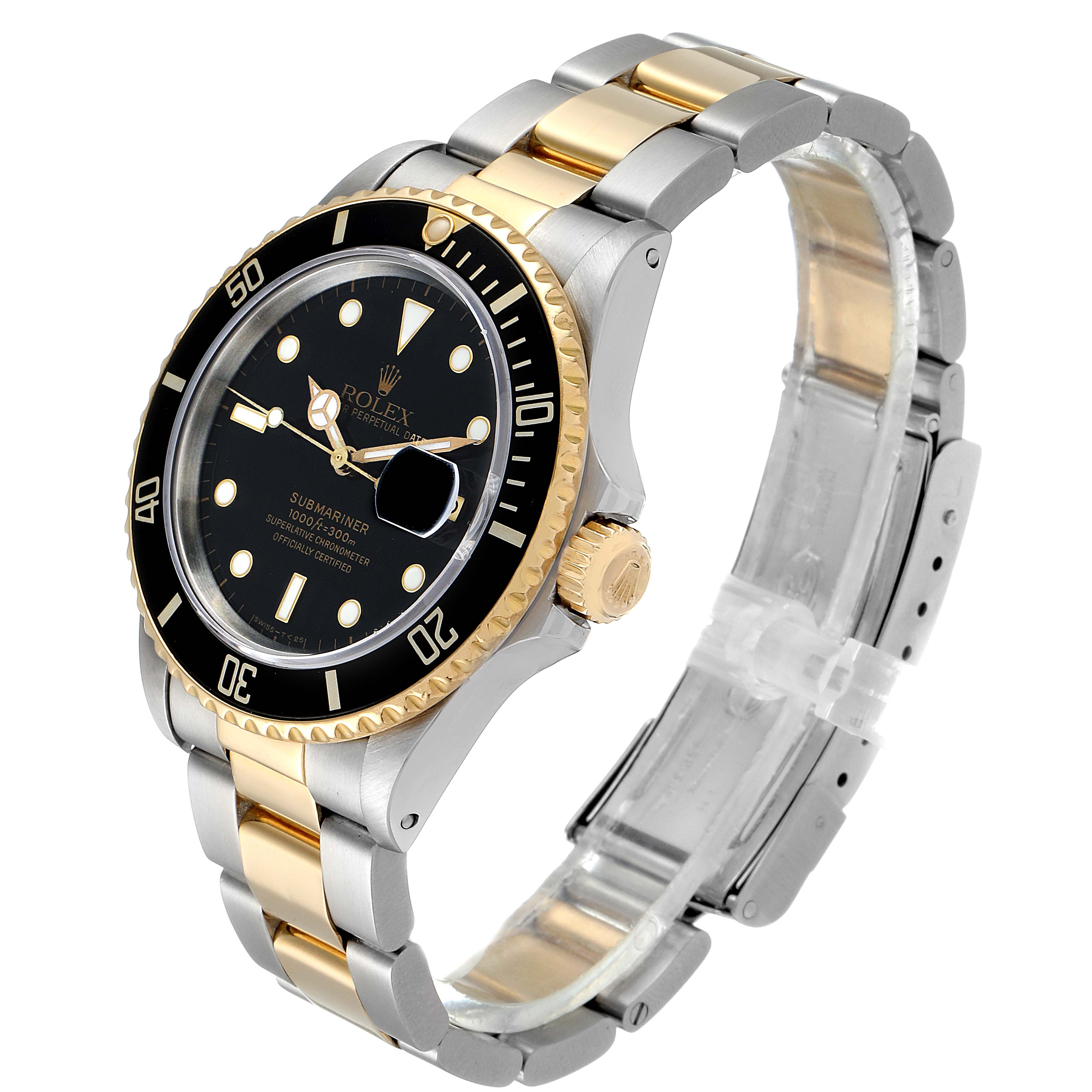 The image shows a Rolex Submariner 16803 Men's Steel and Gold (two tone) Black Dial 16803 Men's Steel and Gold (two tone) Black Dial watch at a slight side angle, highlighting its black dial, gold bezel, and two-tone bracelet.