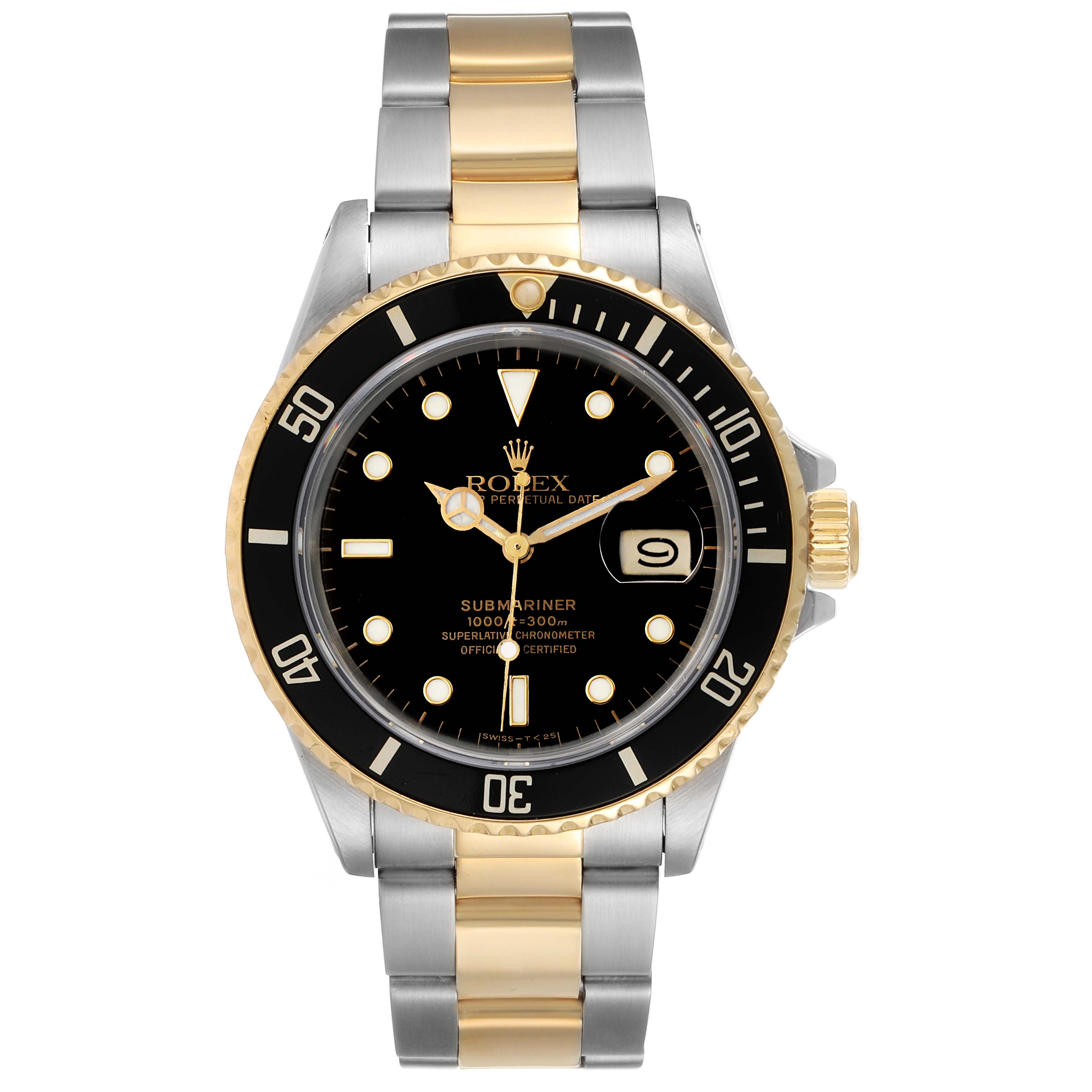 This image shows a front view of a Rolex Submariner 16803 Men's Steel and Gold (two tone) Black Dial 16803 Men's Steel and Gold (two tone) Black Dial, displaying the dial, bezel, and two-tone bracelet in gold and stainless steel.