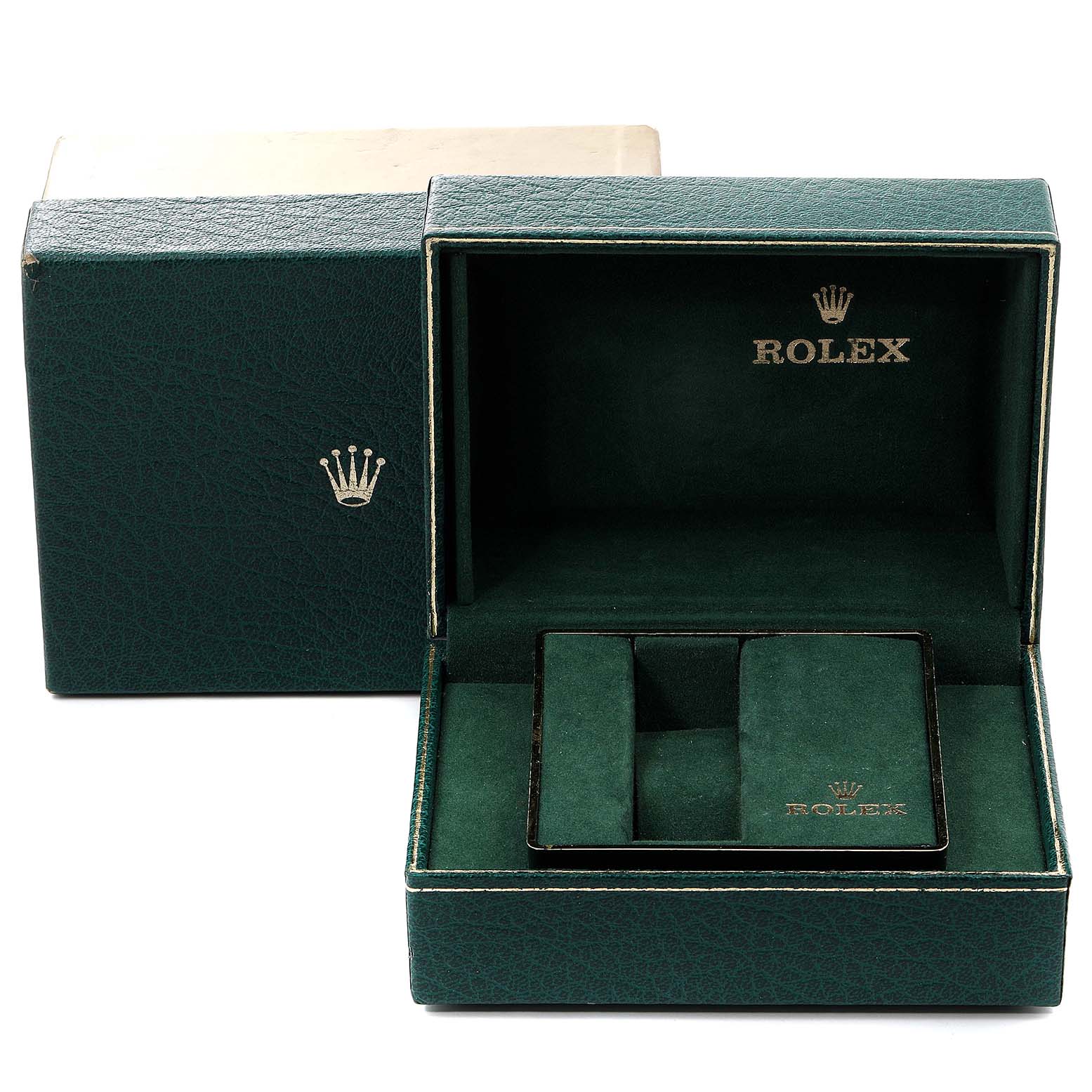 The image shows an open Rolex Submariner 16803 Men's Steel and Gold (two tone) Black Dial 16803 Men's Steel and Gold (two tone) Black Dial watch box with the outer box placed behind it.