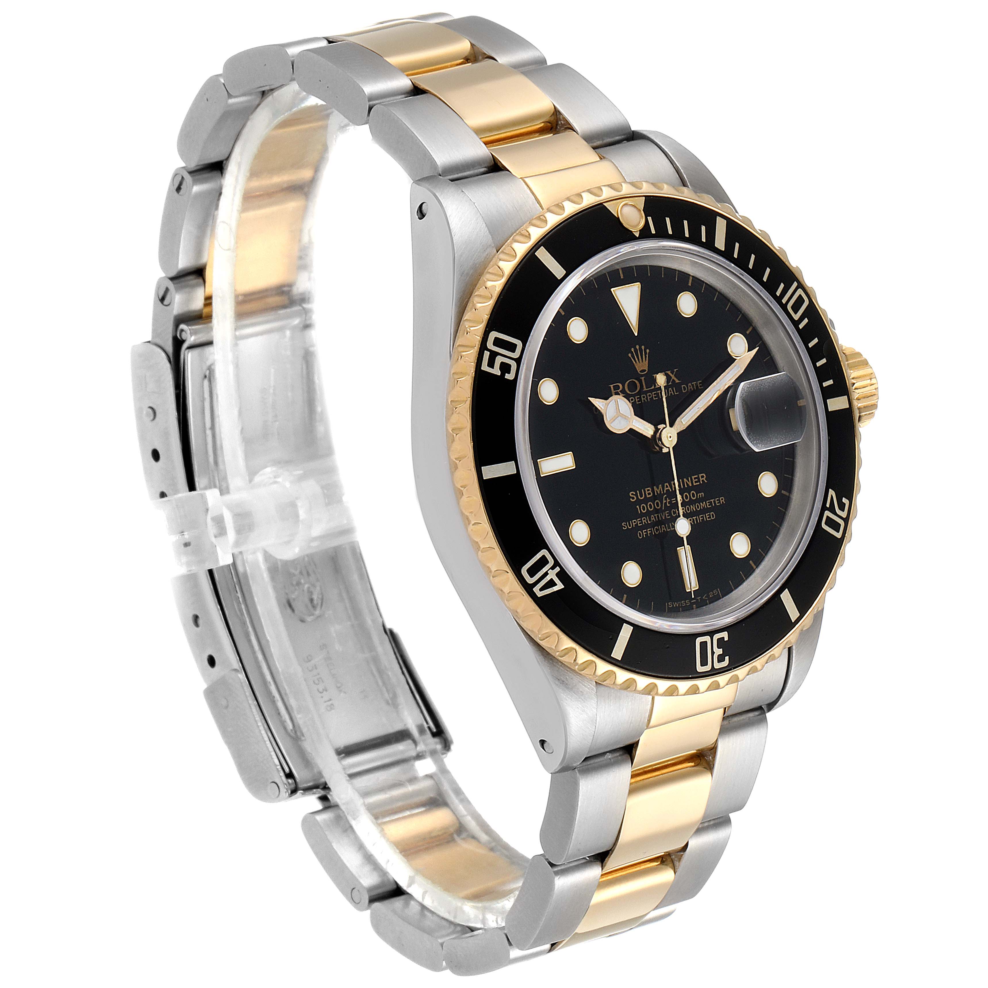 The Rolex Submariner 16803 Men's Steel and Gold (two tone) Black Dial 16803 Men's Steel and Gold (two tone) Black Dial watch is shown at an angle emphasizing its face, bezel, and two-tone metal bracelet.