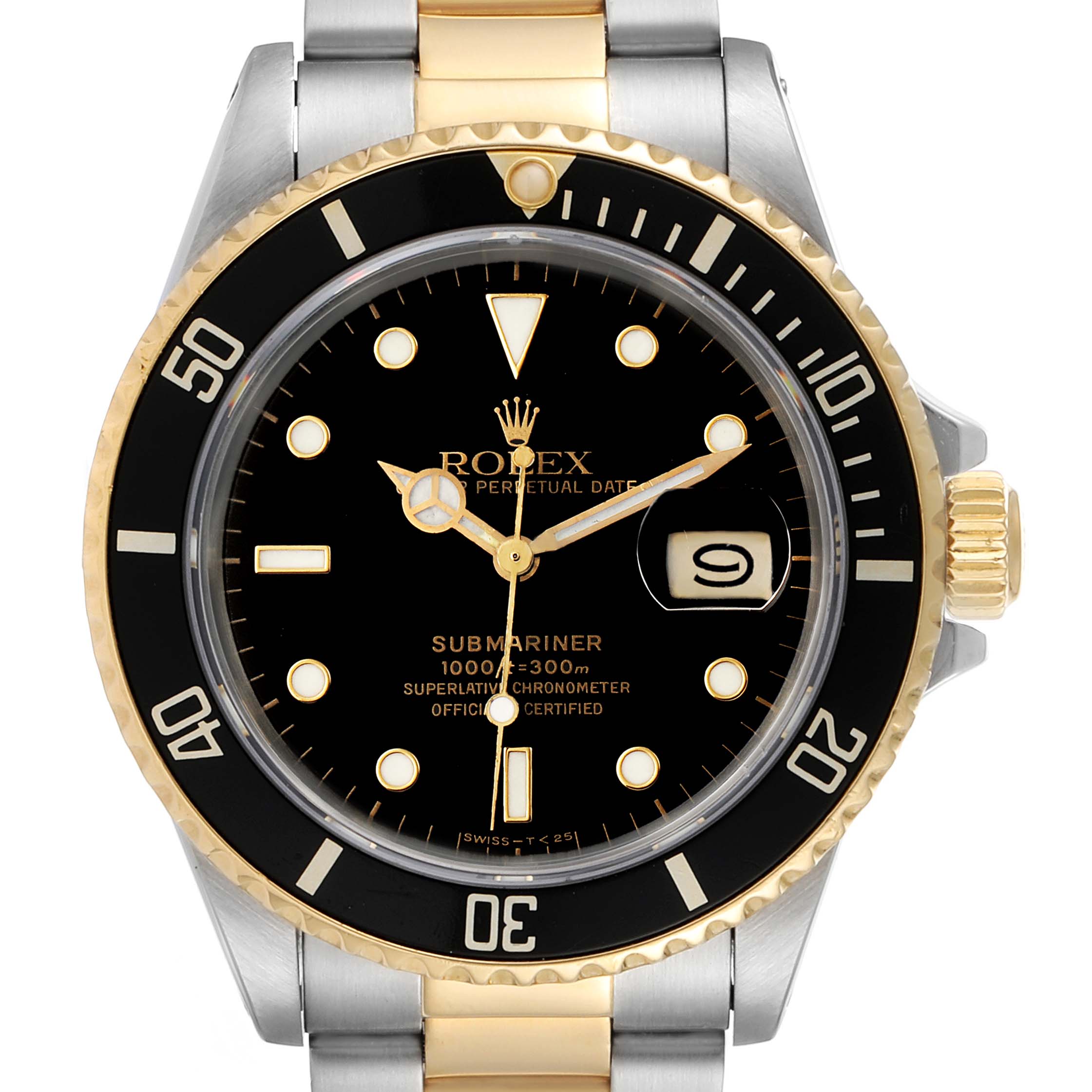 This image shows the front view of a Rolex Submariner 16803 Men's Steel and Gold (two tone) Black Dial 16803 Men's Steel and Gold (two tone) Black Dial, highlighting the black dial, bezel, hands, and metal bracelet.