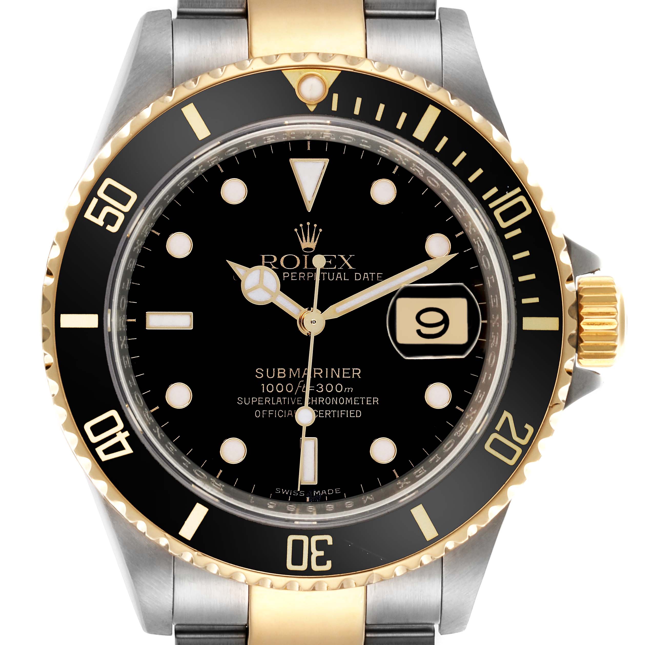 The Rolex Submariner 16613 Men's Steel and Gold (two tone) Black Dial 16613 Men's Steel and Gold (two tone) Black Dial watch is shown from the front, displaying the dial, bezel, crown, and part of the bracelet.