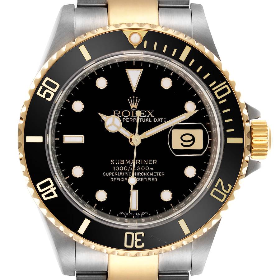 The Rolex Submariner watch is shown from the front, displaying the dial, bezel, crown, and part of the bracelet.