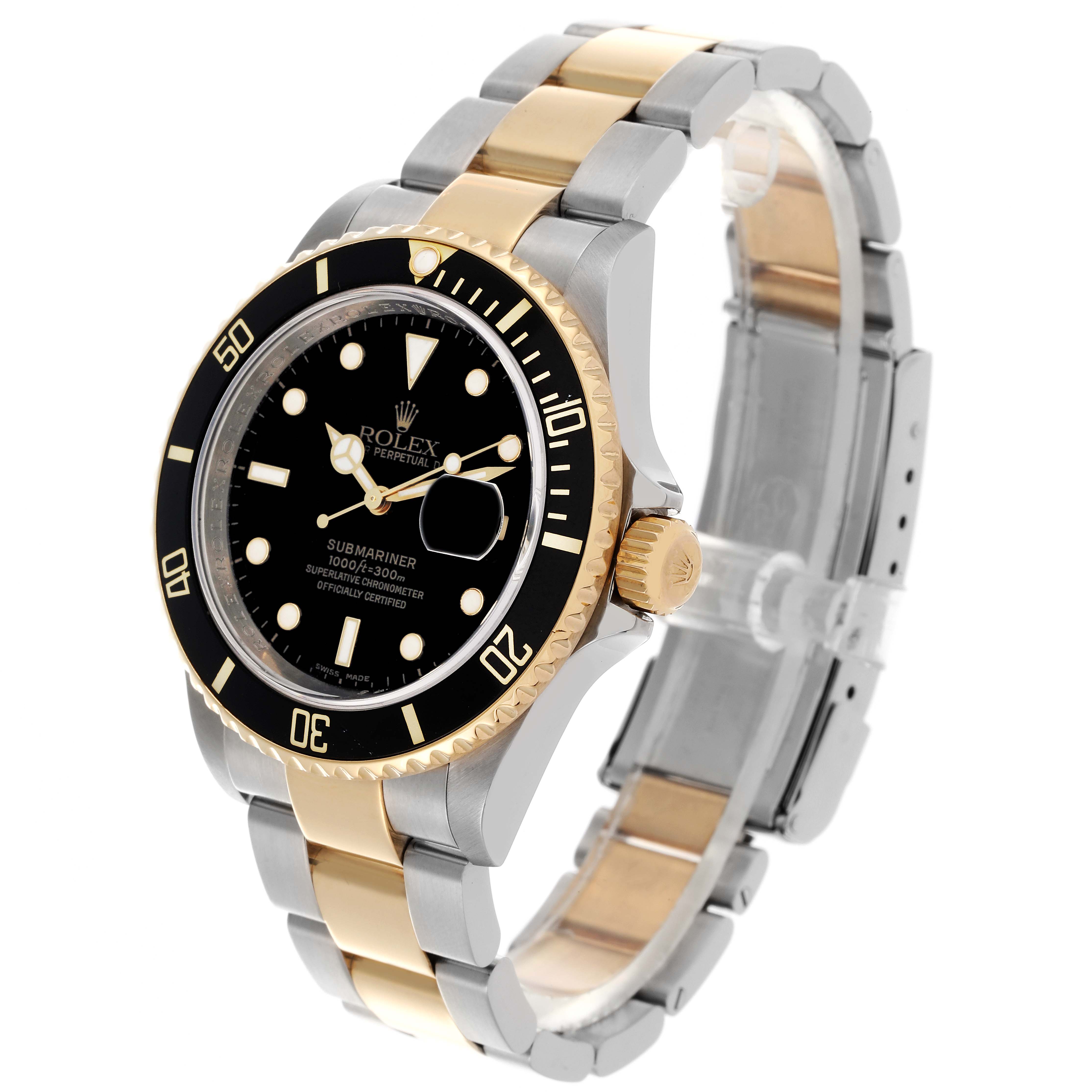 The Rolex Submariner 16613 Men's Steel and Gold (two tone) Black Dial 16613 Men's Steel and Gold (two tone) Black Dial watch is shown at an angle highlighting the face, bezel, crown, and two-tone bracelet.