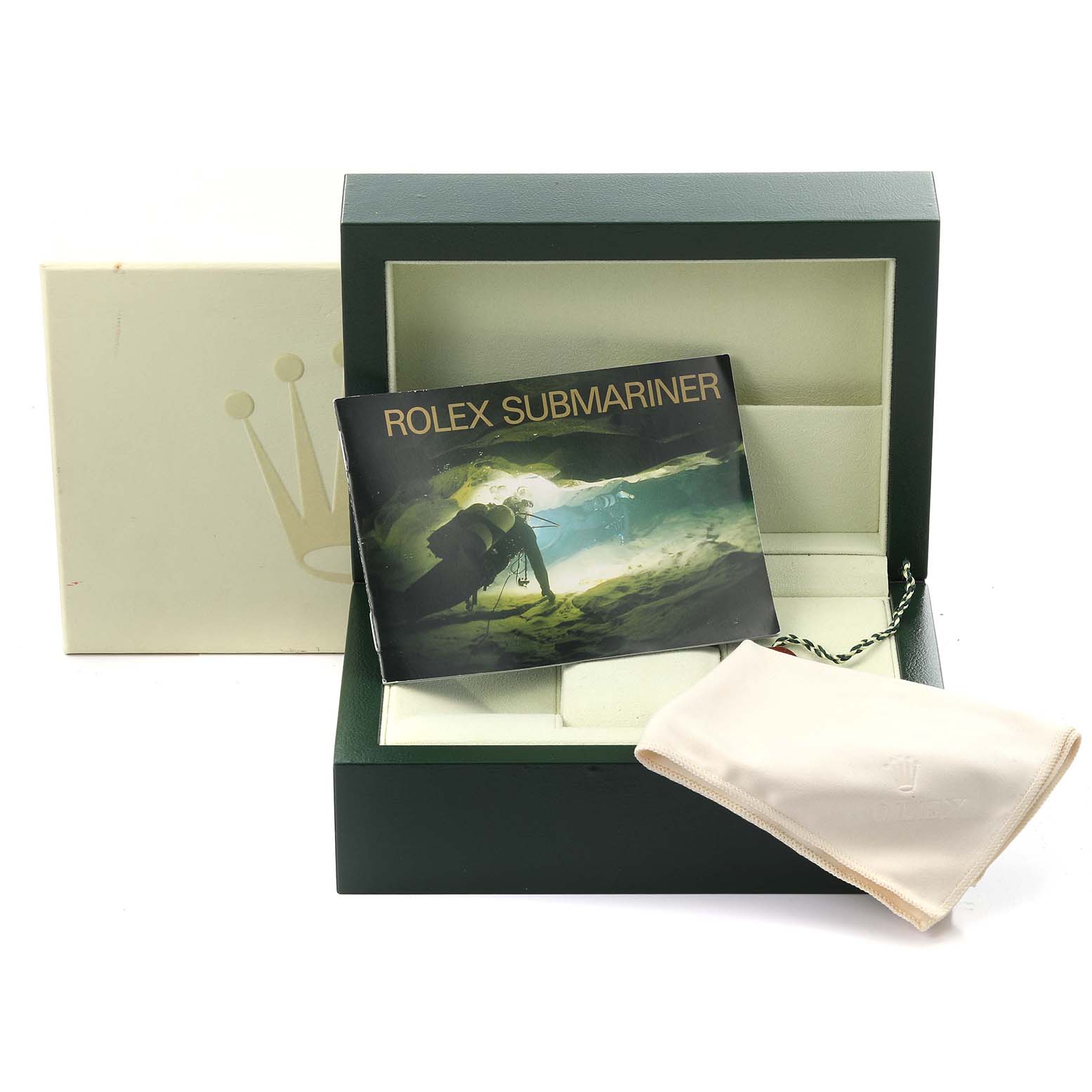 The image shows a Rolex Submariner 16613 Men's Steel and Gold (two tone) Black Dial 16613 Men's Steel and Gold (two tone) Black Dial box with a booklet and cleaning cloth, viewed from the top at a slight angle.