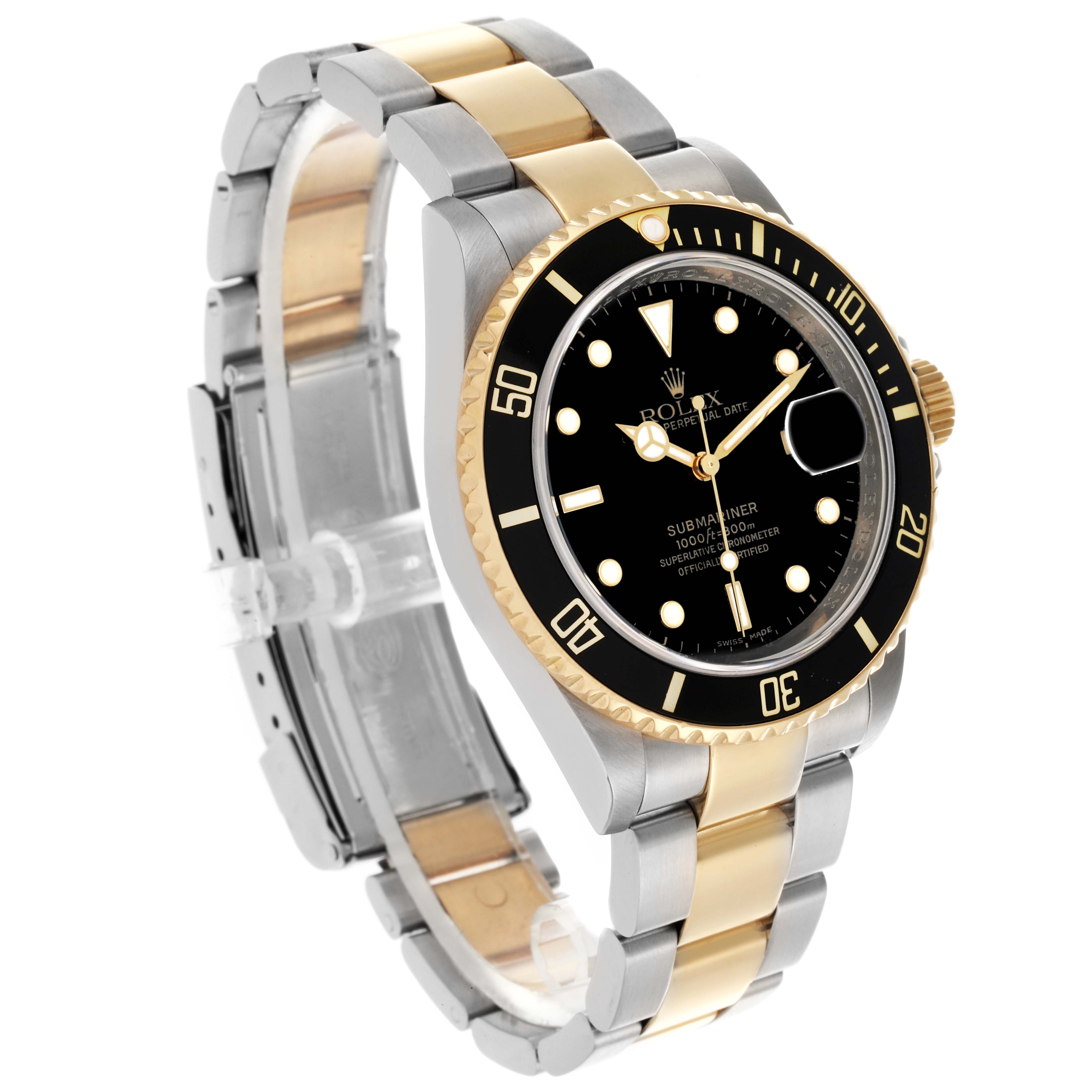 The Rolex Submariner 16613 Men's Steel and Gold (two tone) Black Dial 16613 Men's Steel and Gold (two tone) Black Dial watch is shown at a three-quarter angle, highlighting the bezel, dial, and two-tone bracelet.