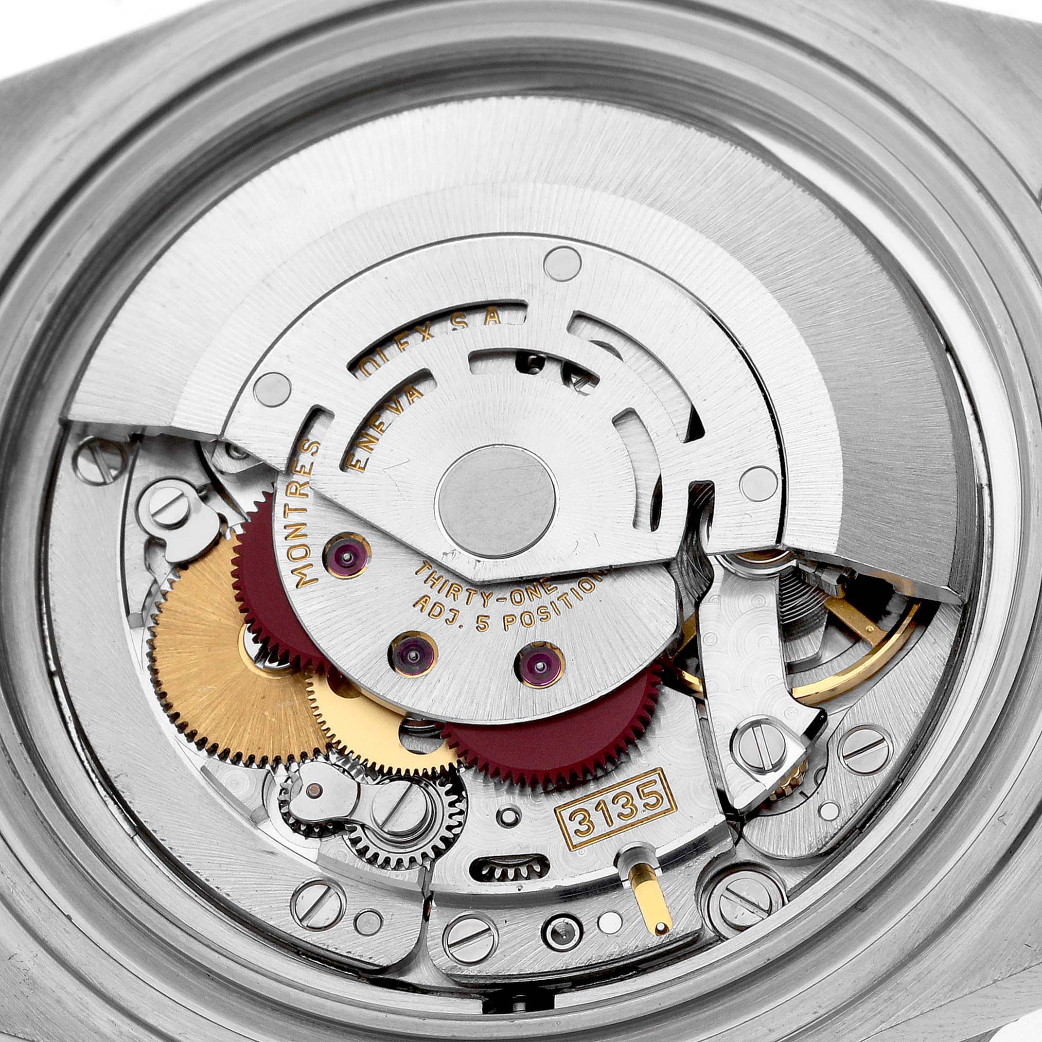 The image shows the intricate internal movement of a Rolex Submariner 16613 Men's Steel and Gold (two tone) Black Dial 16613 Men's Steel and Gold (two tone) Black Dial watch from a top-down angle.