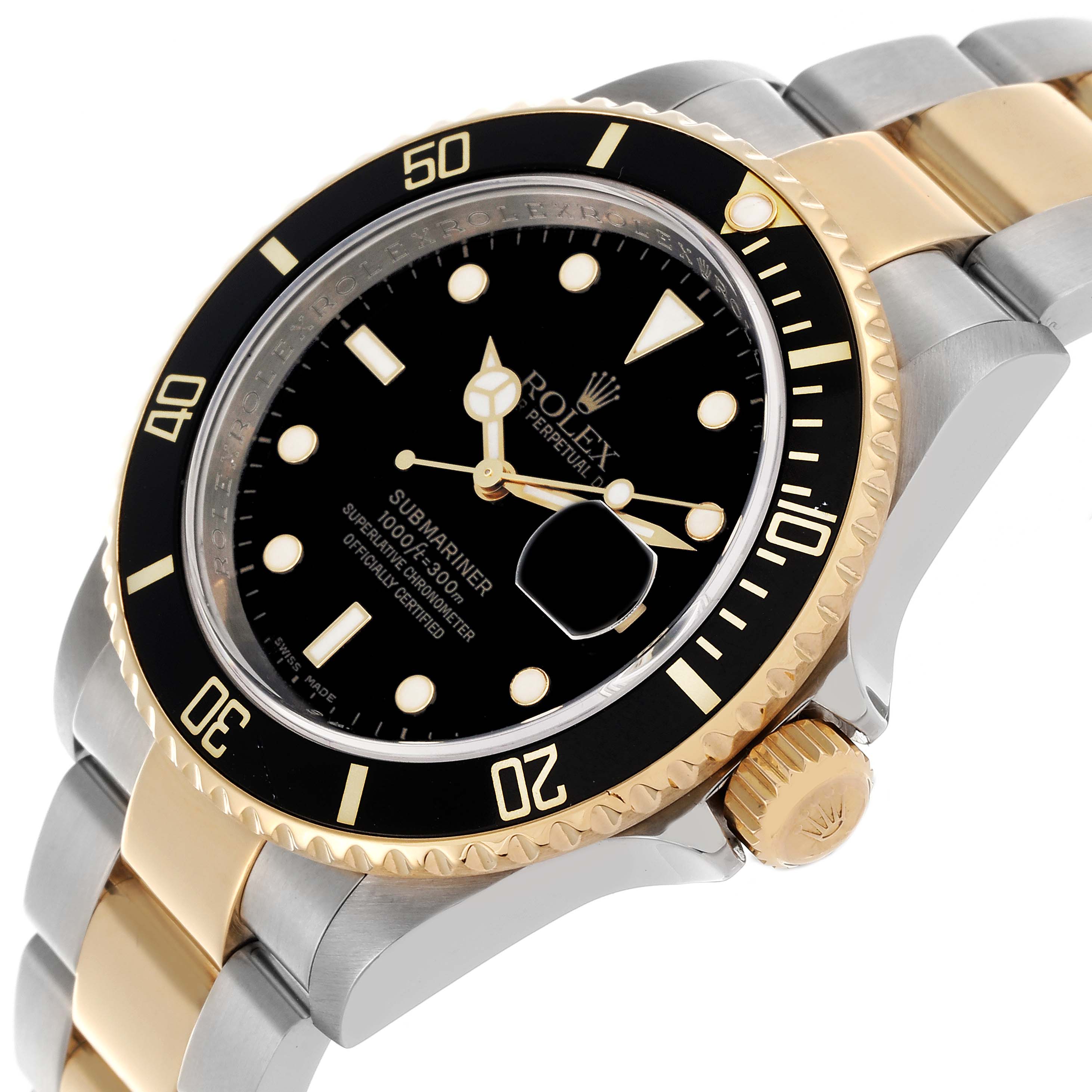 The Rolex Submariner 16613 Men's Steel and Gold (two tone) Black Dial 16613 Men's Steel and Gold (two tone) Black Dial watch is shown from an angled perspective, highlighting the face, bezel, crown, and two-tone bracelet.