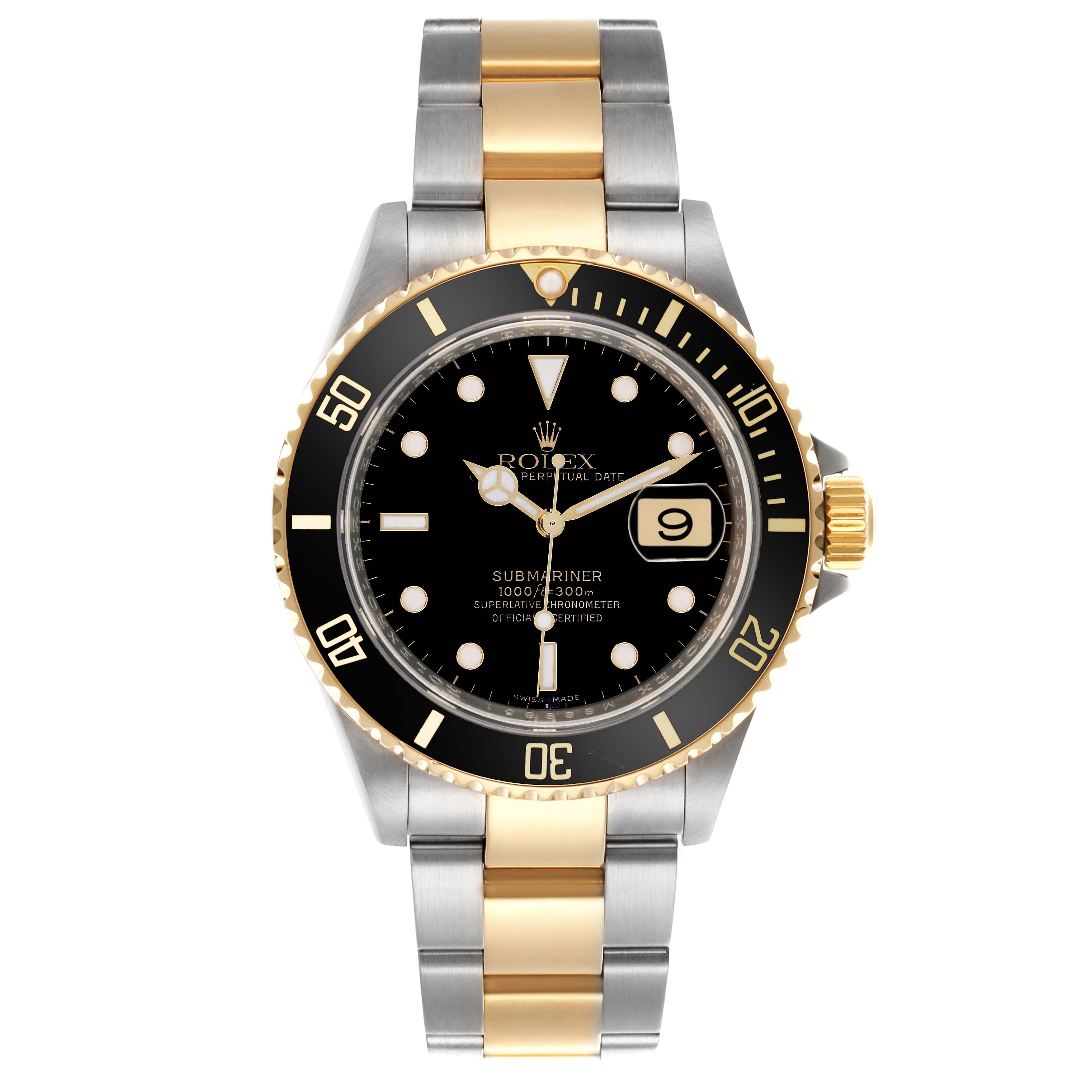The Rolex Submariner 16613 Men's Steel and Gold (two tone) Black Dial 16613 Men's Steel and Gold (two tone) Black Dial watch is shown from the front, displaying its dial, bezel, and two-tone bracelet.