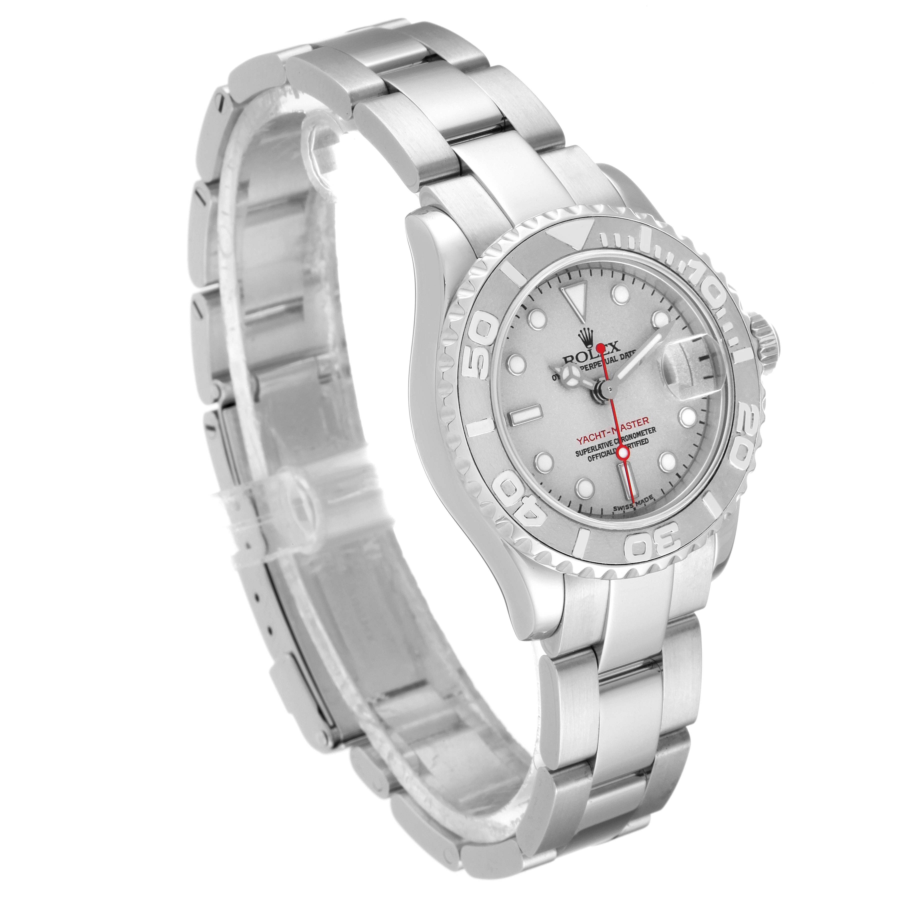 This image shows a side and front angle of the Rolex Yacht-Master 169622 Women
s Stainless Steel Silver Dial 169622 Women
s Stainless Steel Silver Dial watch, highlighting its bracelet, bezel, and dial.