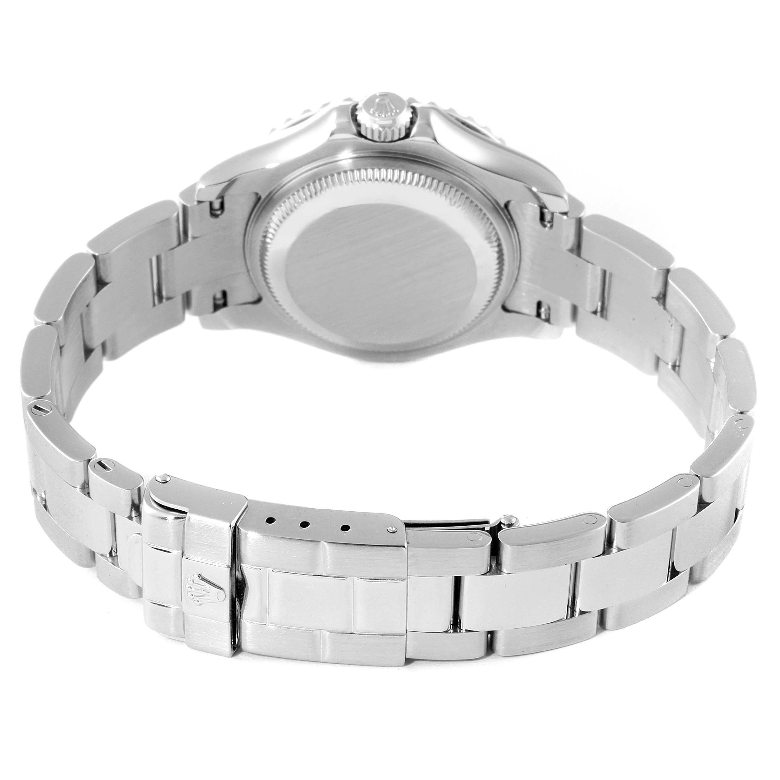 The image shows the backside view of a Rolex Yacht-Master 169622 Women
s Stainless Steel Silver Dial 169622 Women
s Stainless Steel Silver Dial watch, highlighting the bracelet and clasp.