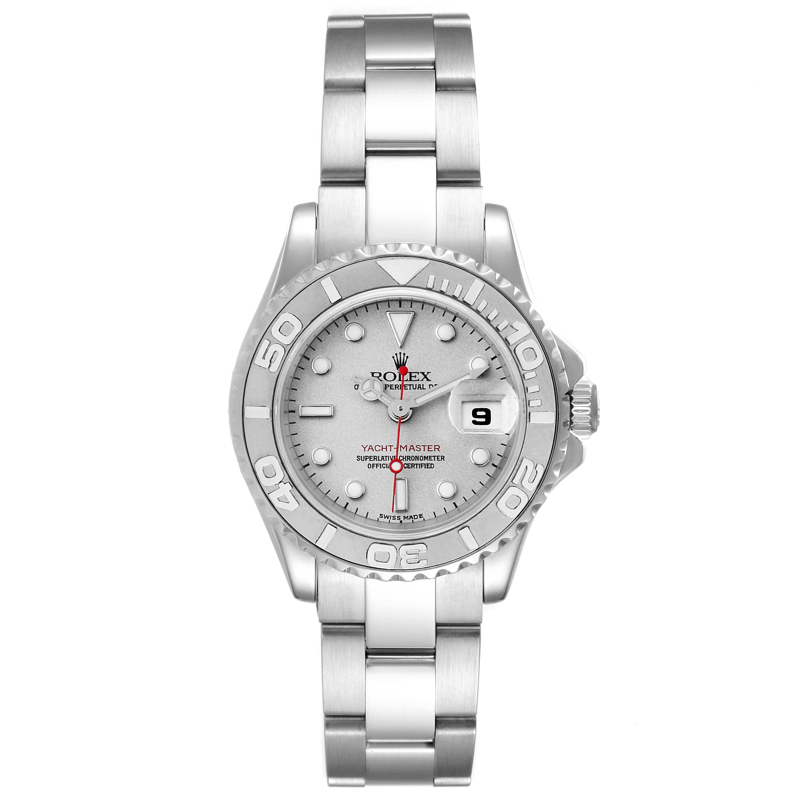 This image shows a full frontal view of a Rolex Yacht-Master 169622 Women
s Stainless Steel Silver Dial 169622 Women
s Stainless Steel Silver Dial watch, highlighting its dial, bezel, and bracelet.