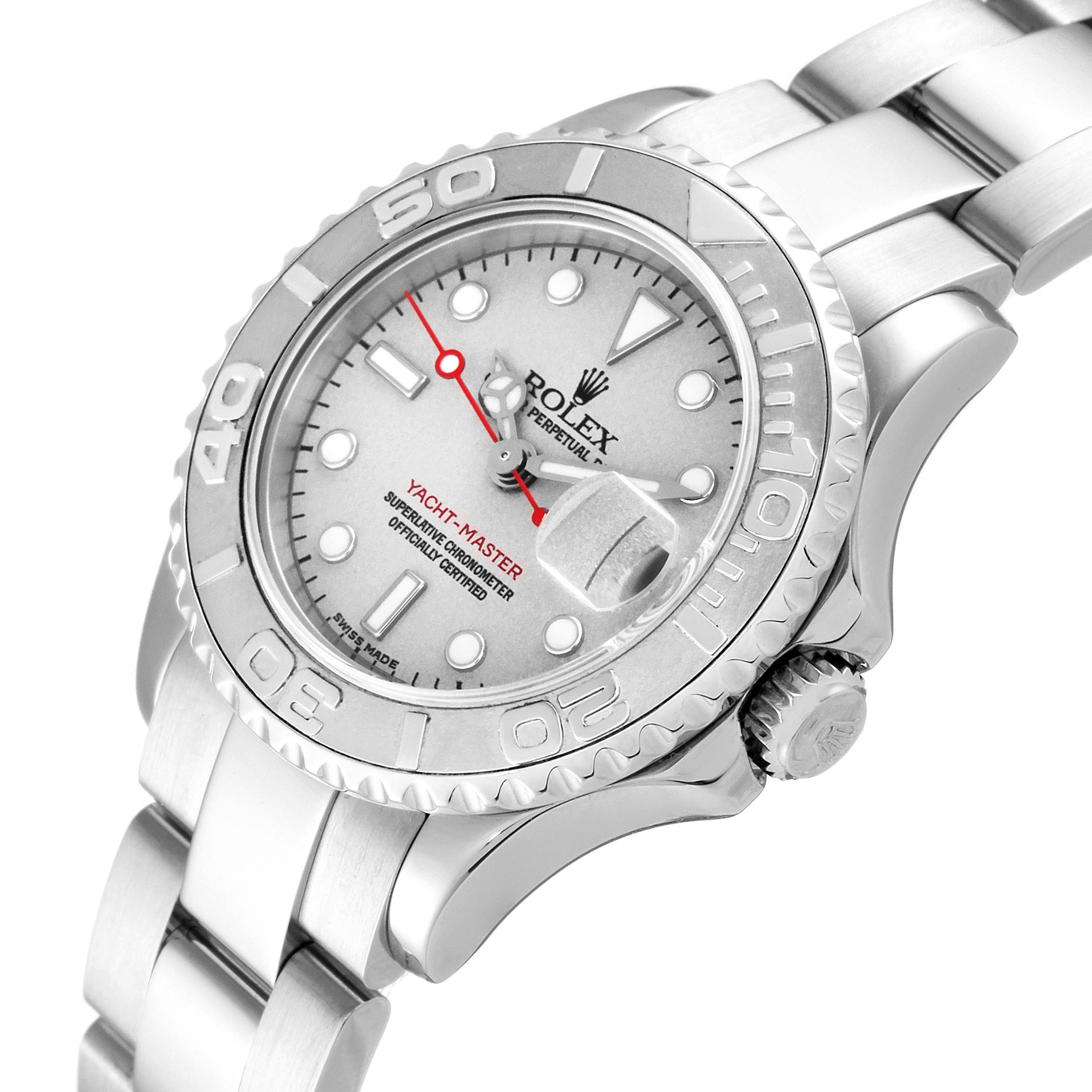 This image shows a Rolex Yacht-Master 169622 Women
s Stainless Steel Silver Dial 169622 Women
s Stainless Steel Silver Dial watch from an angled top view, displaying the face, bezel, crown, and part of the bracelet.