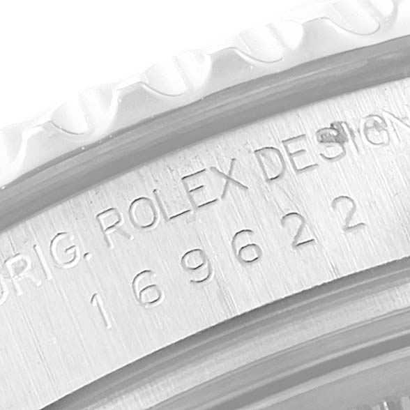 The image shows a close-up of the case side of a Rolex Yacht-Master 169622 Women
s Stainless Steel Silver Dial 169622 Women
s Stainless Steel Silver Dial watch, featuring the engraved model number and "Rolex Design" text.