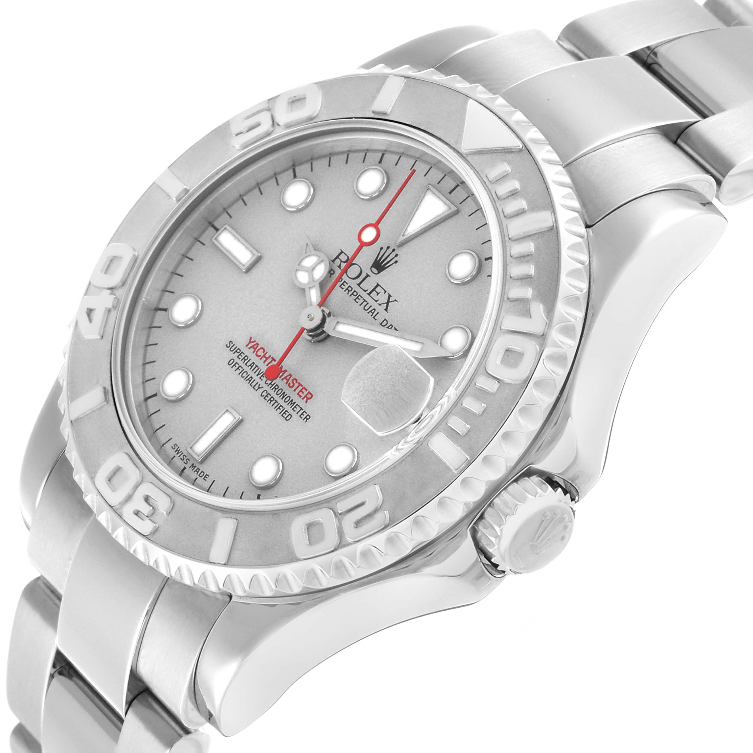 The Rolex Yacht-Master 168622 Men's Stainless Steel Grey Dial watch is shown in a three-quarter angle, featuring the dial, bezel, and part of the bracelet.