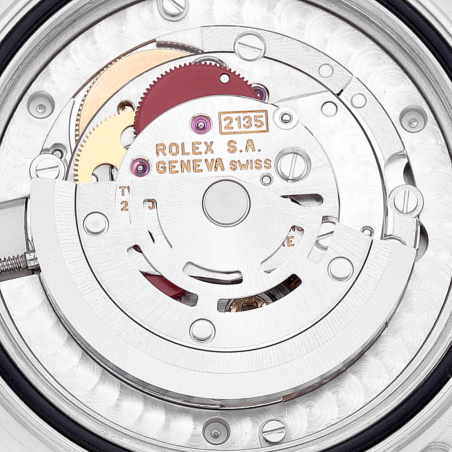 The image shows a close-up of the movement mechanism inside a Rolex Yacht-Master 68623 Men
s Steel and Gold (two tone) Blue Dial 68623 Men
s Steel and Gold (two tone) Blue Dial watch, focusing on the rotor and gears.