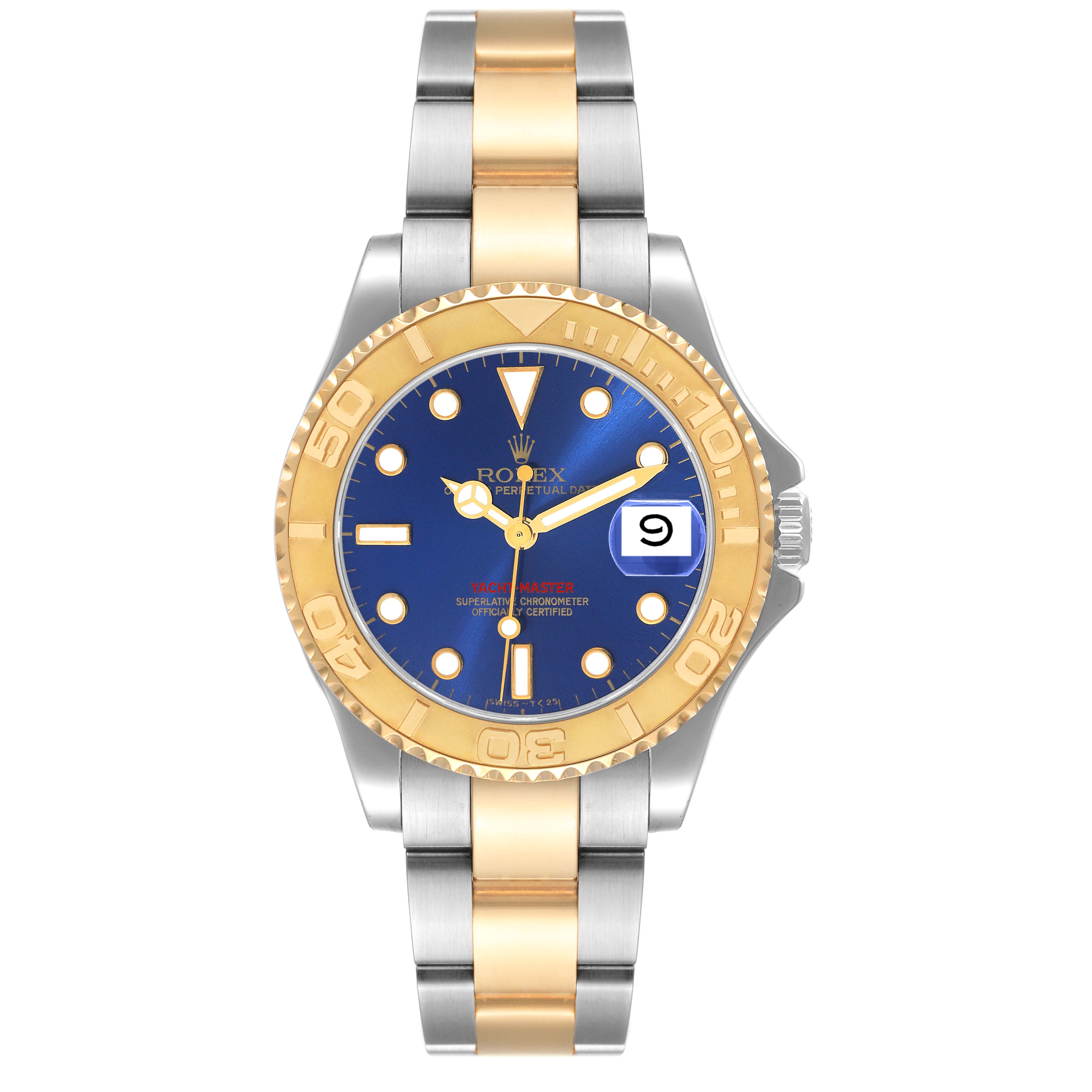 This Rolex Yacht-Master 68623 Men
s Steel and Gold (two tone) Blue Dial 68623 Men
s Steel and Gold (two tone) Blue Dial watch is shown in a direct front view, displaying the dial, bezel, and bracelet.