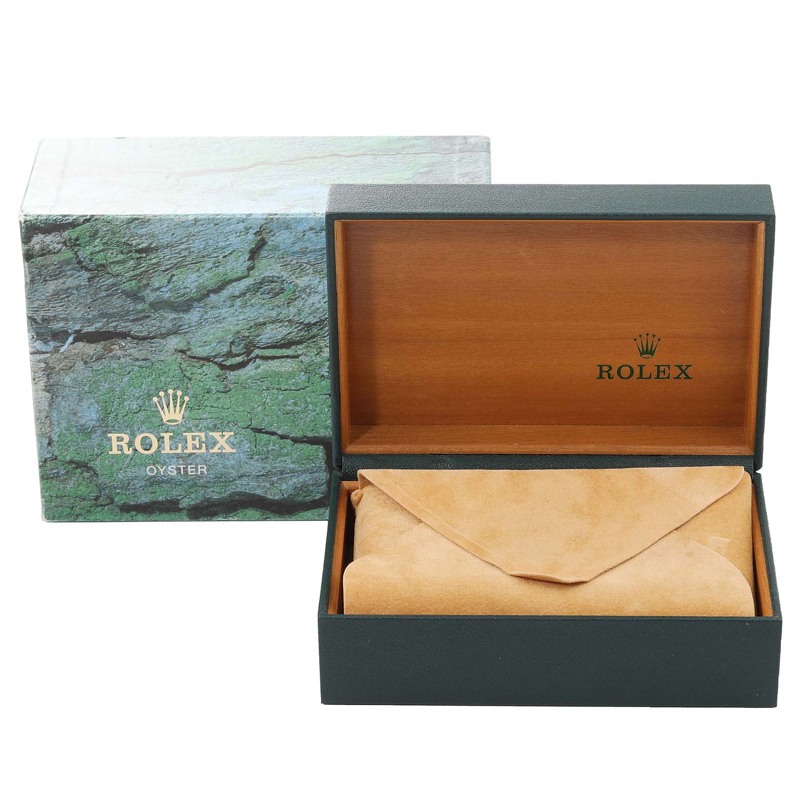 The image shows an open Rolex box, displaying the inner wooden container, with a pouch inside for the Yacht-Master model.