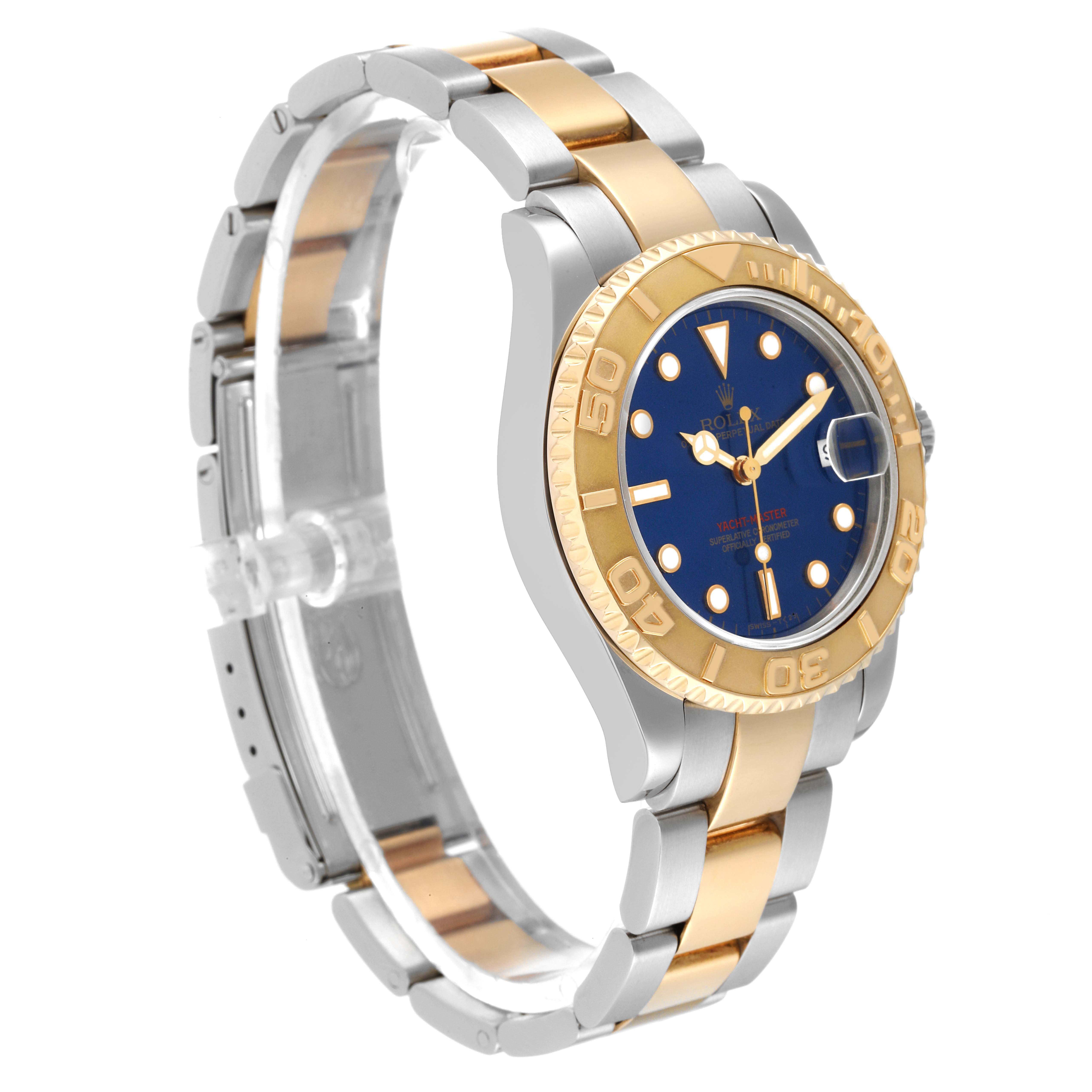 The image shows a Rolex Yacht-Master 68623 Men
s Steel and Gold (two tone) Blue Dial 68623 Men
s Steel and Gold (two tone) Blue Dial watch at a three-quarter angle, highlighting its bezel, dial, and bracelet.