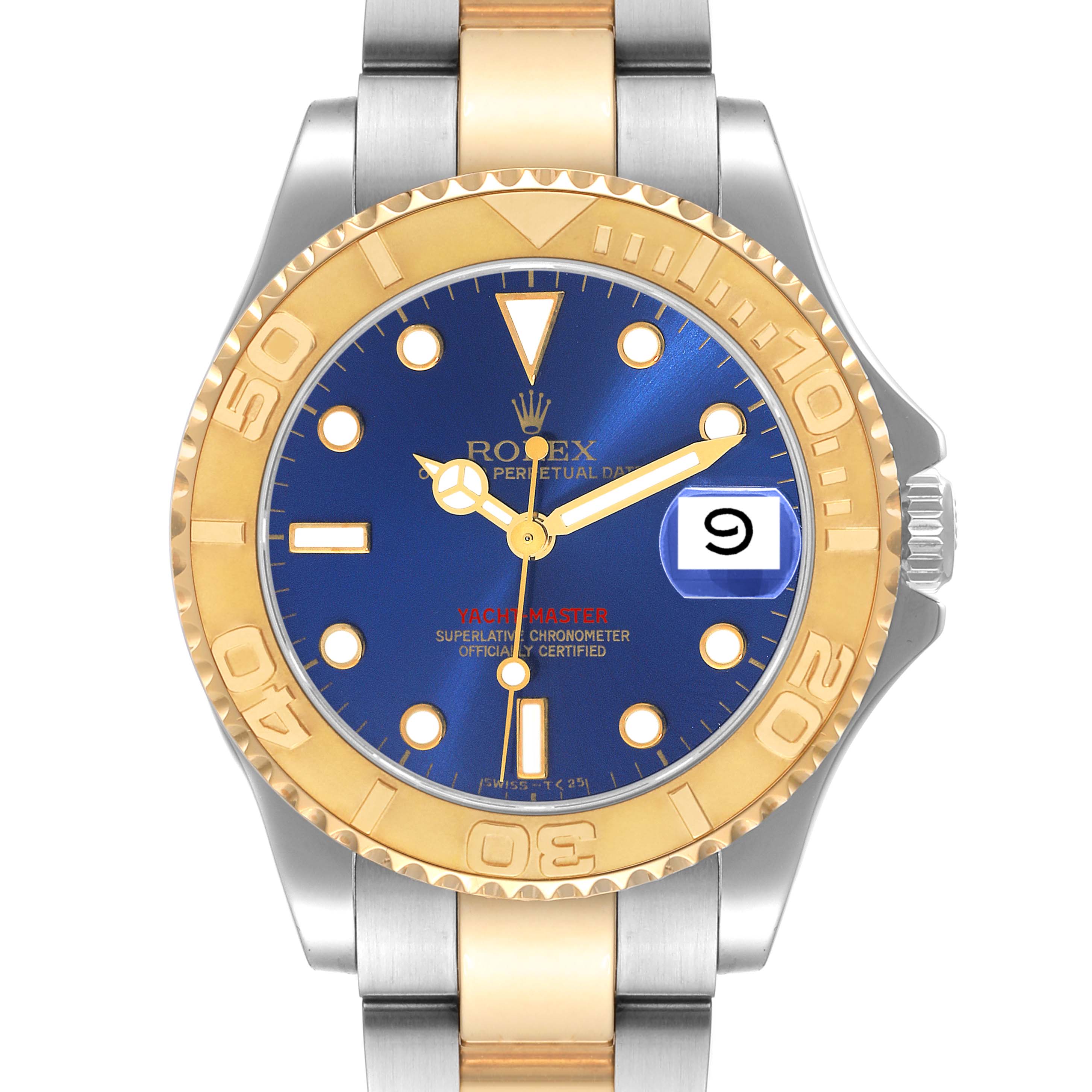 This image shows a Rolex Yacht-Master 68623 Men
s Steel and Gold (two tone) Blue Dial 68623 Men
s Steel and Gold (two tone) Blue Dial watch from a top-front angle, highlighting its dial, bezel, and bracelet.