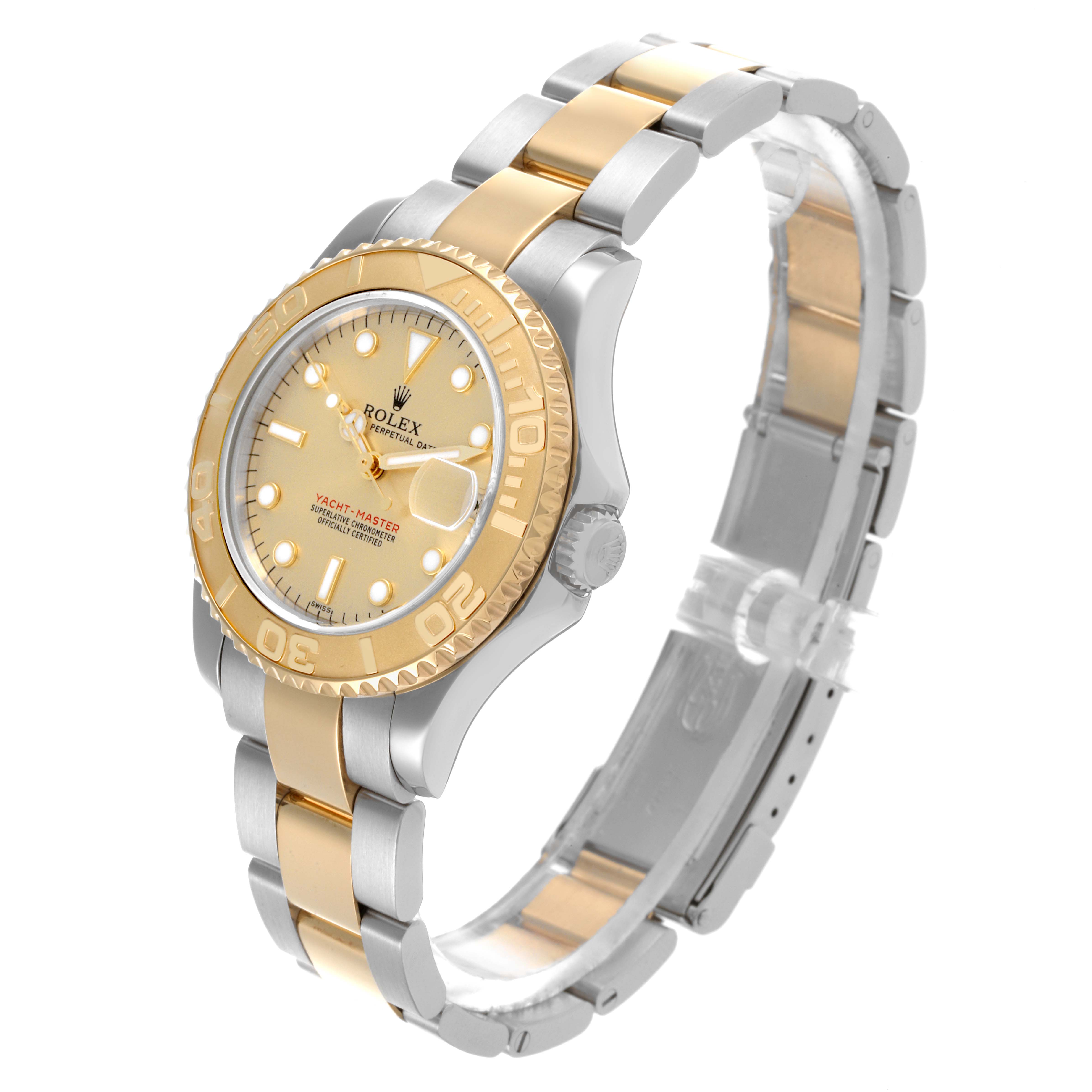 The Rolex Yacht-Master 68623 Men's Steel and Gold (two tone) Champagne Dial 68623 Men's Steel and Gold (two tone) Champagne Dial watch is shown at a three-quarter angle, displaying the face, bezel, and bracelet.
