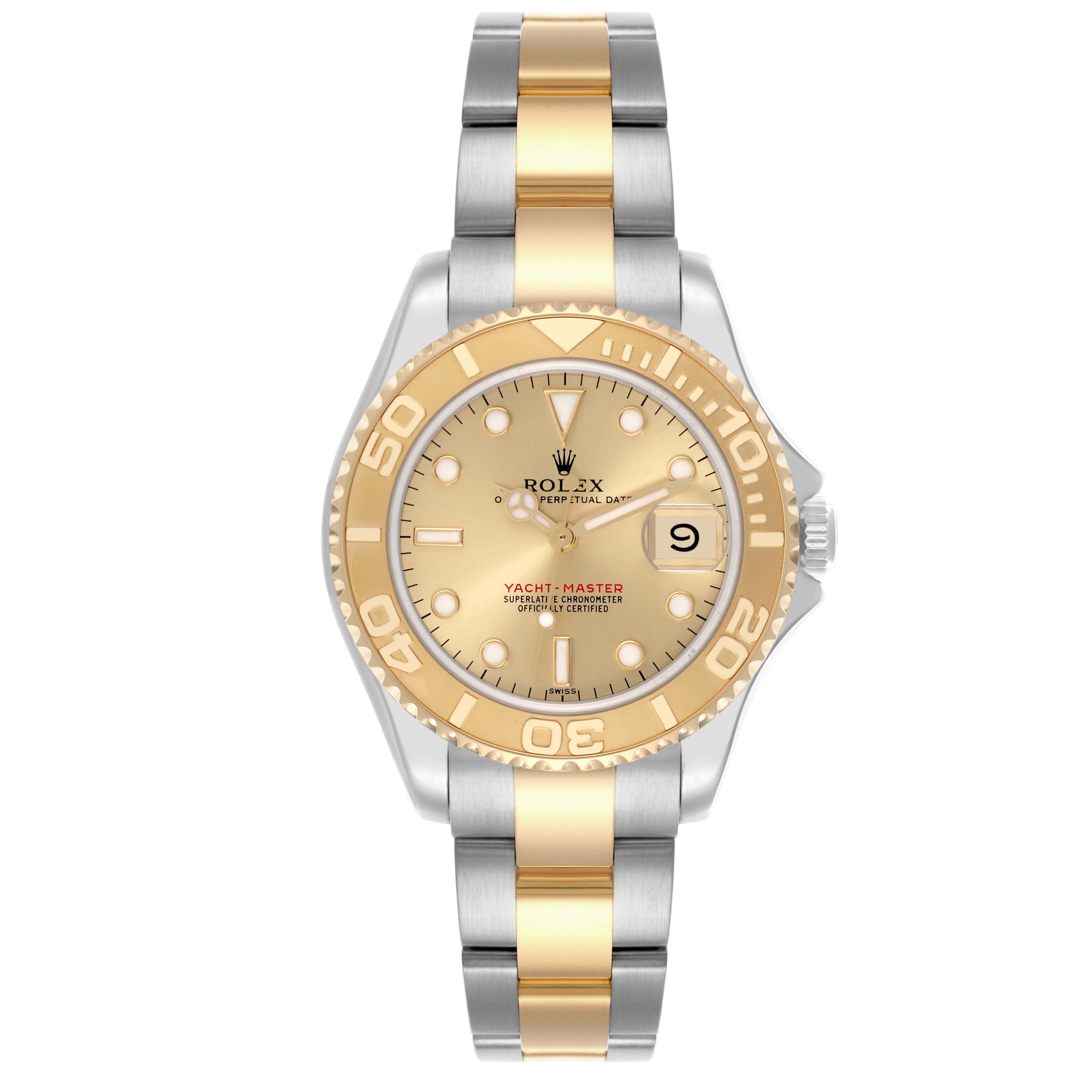The Rolex Yacht-Master 68623 Men's Steel and Gold (two tone) Champagne Dial 68623 Men's Steel and Gold (two tone) Champagne Dial watch is shown from a front angle, highlighting the face, bezel, and two-tone bracelet.